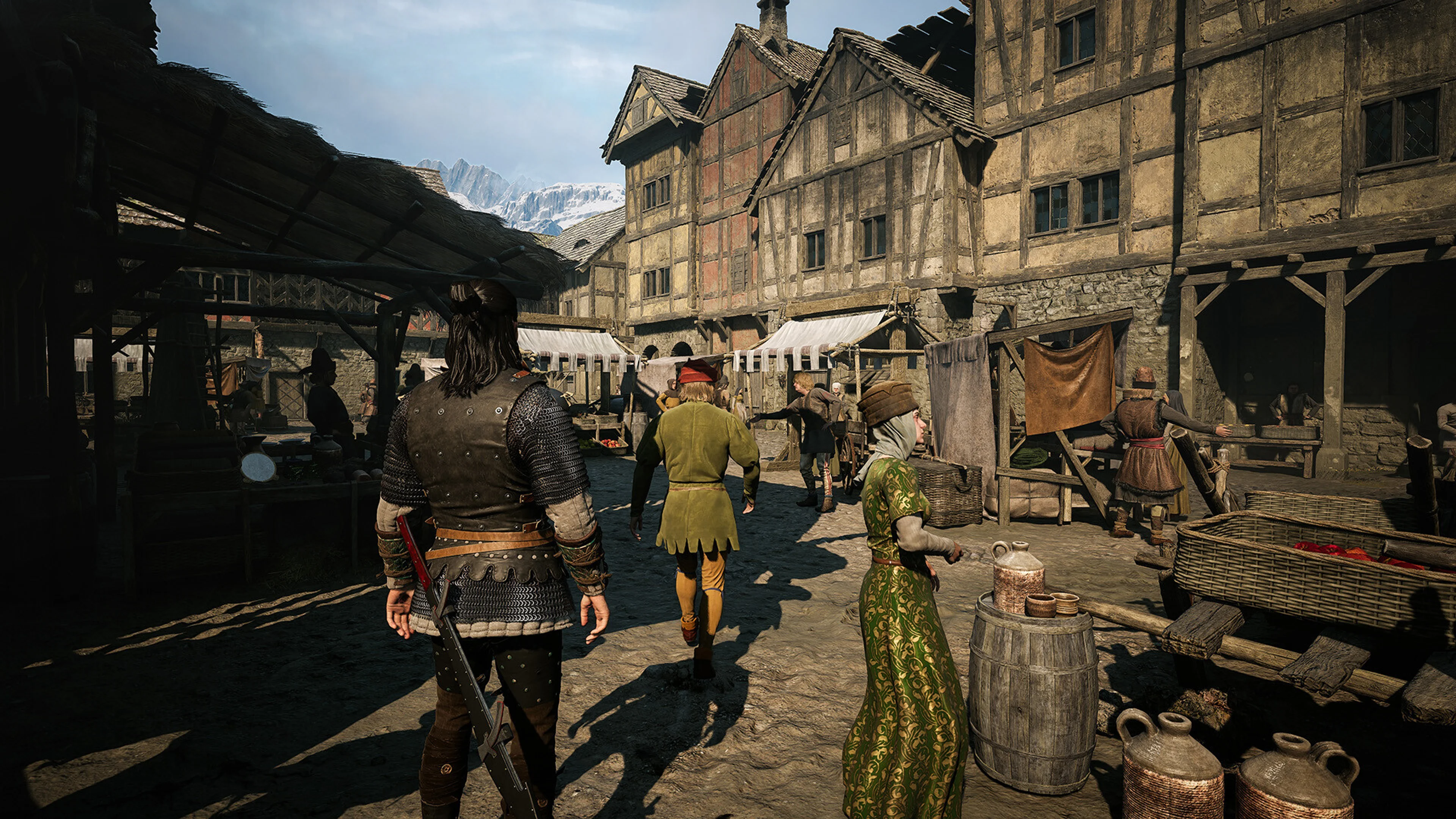 Coen walks through a busy medieval market in The Blood of Dawnwalker.