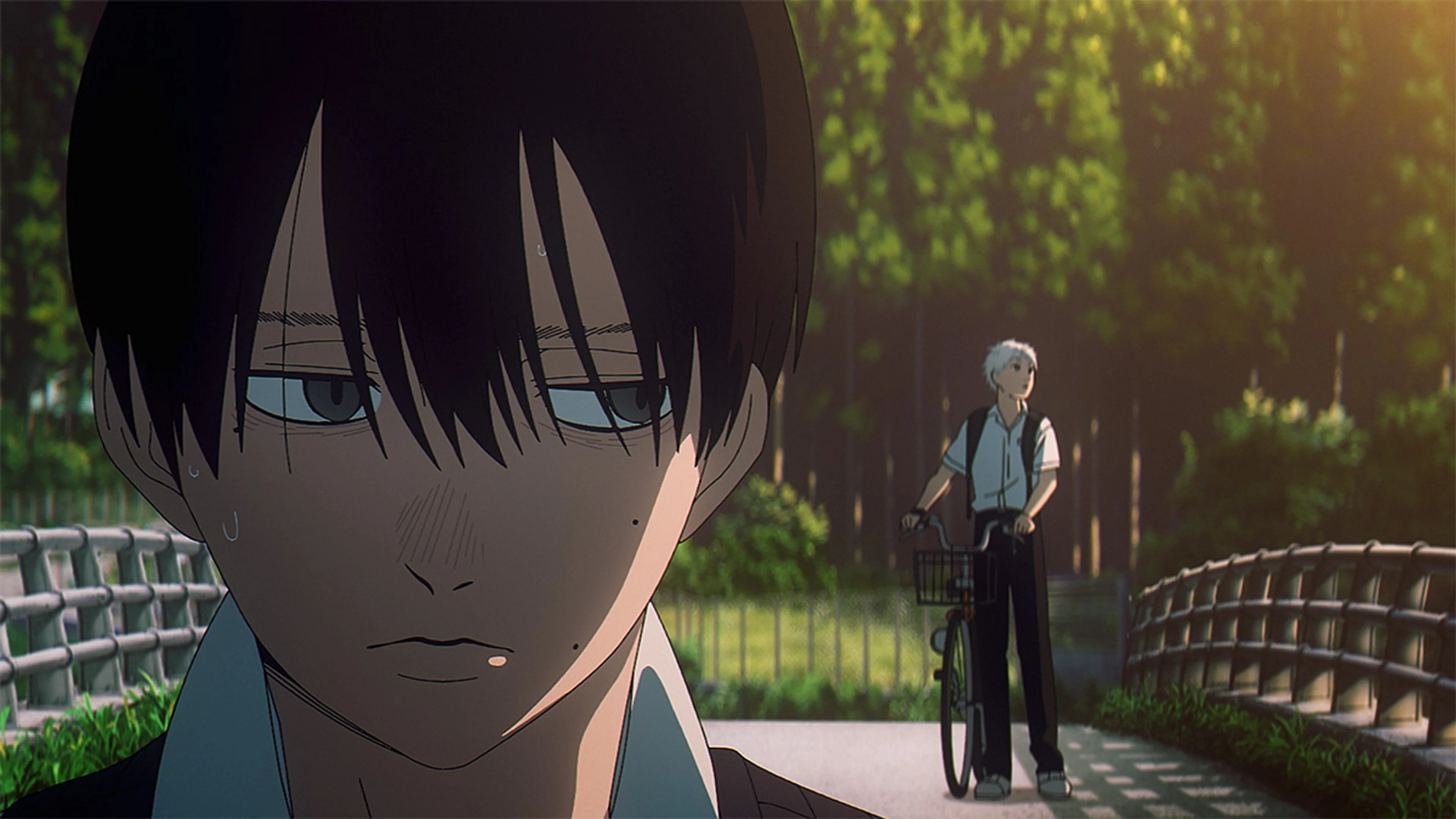 Yoshiki watches Hikaru from a sunlit bridge in The Summer Hikaru Died.