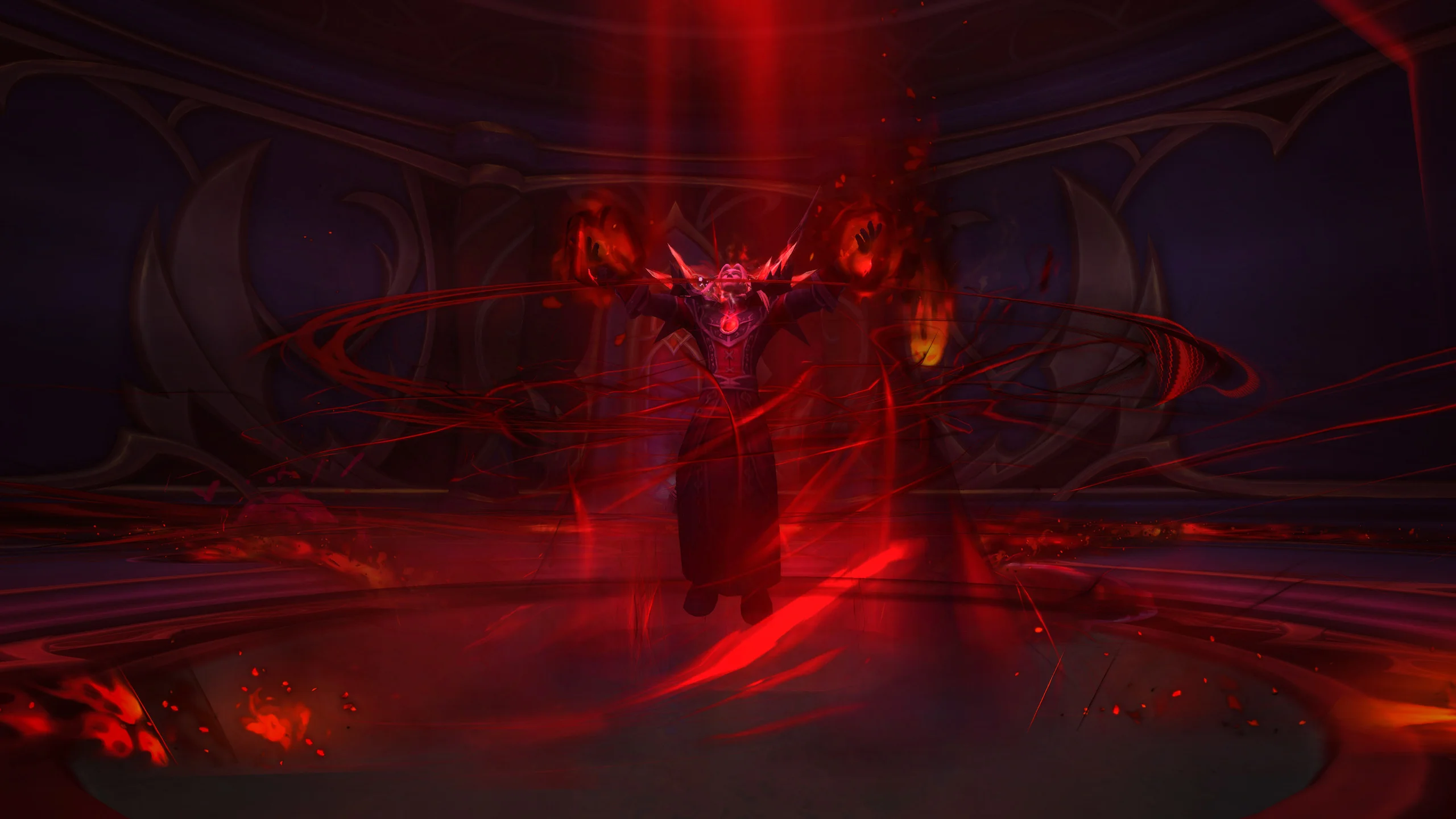A winged boss hangs inside red energy during a Delve encounter in WoW Midnight: Eclipse.
