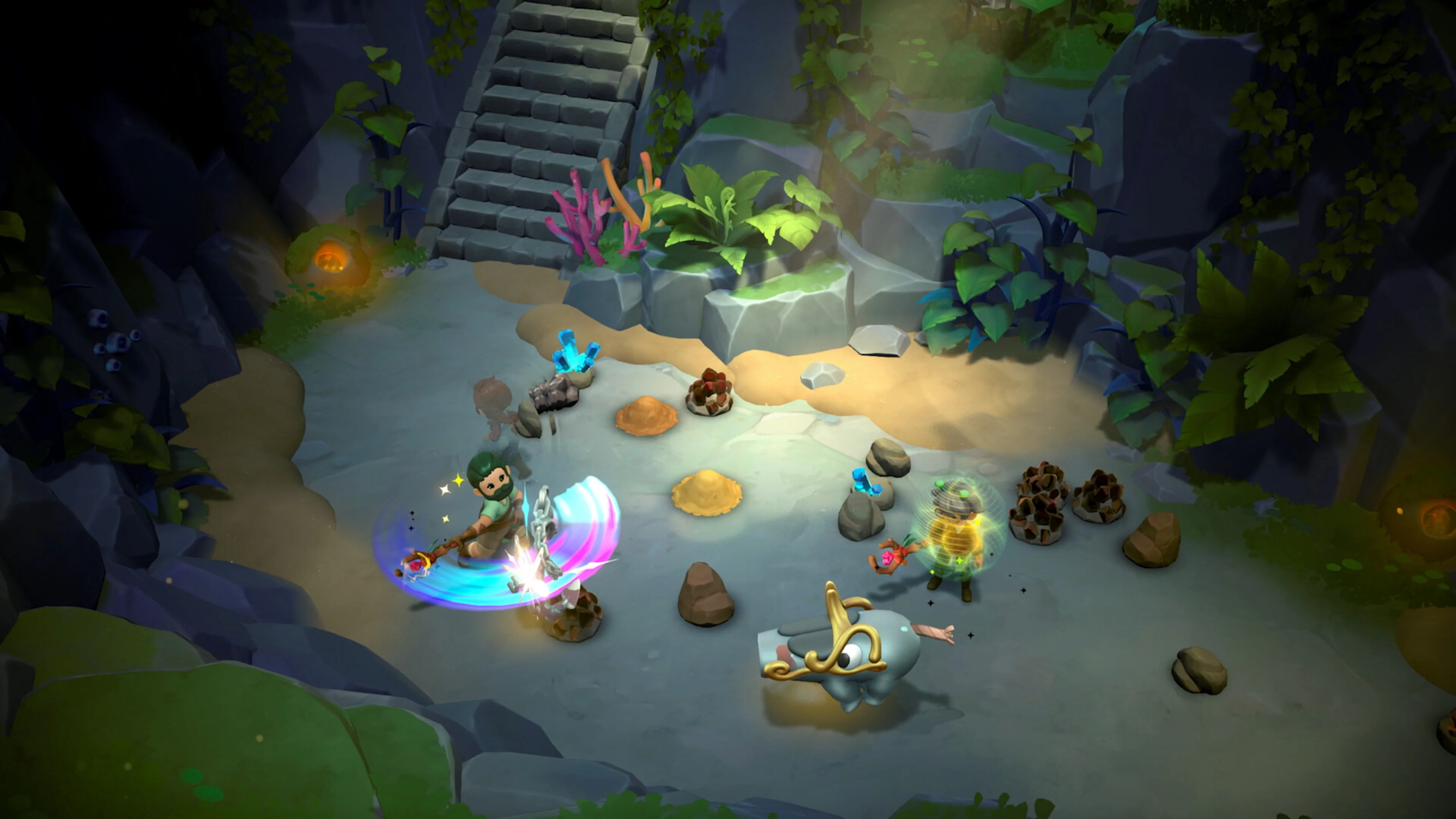 Two characters explore a cave with small creatures in Fae Farm.
