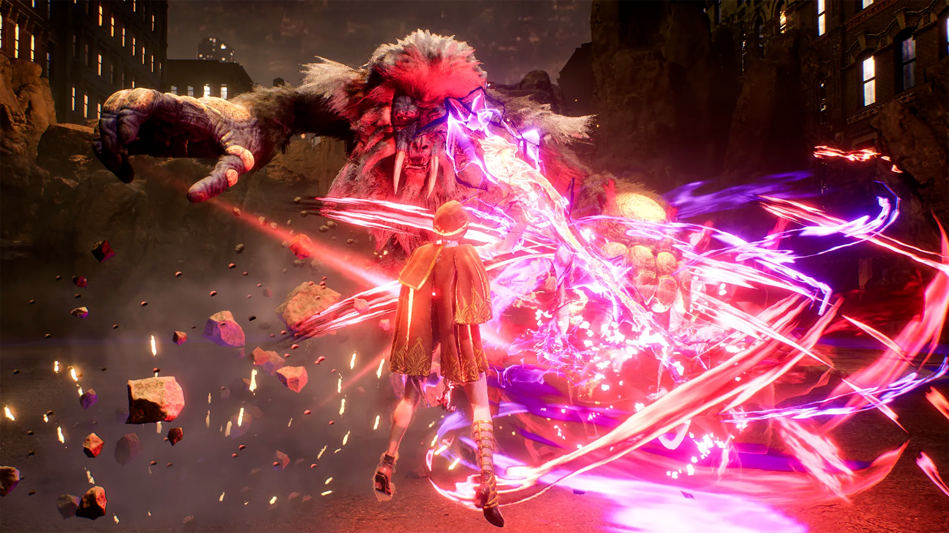 Ellie unleashes a bright magick combo against a giant beast in Rhapsody in Scarlet.