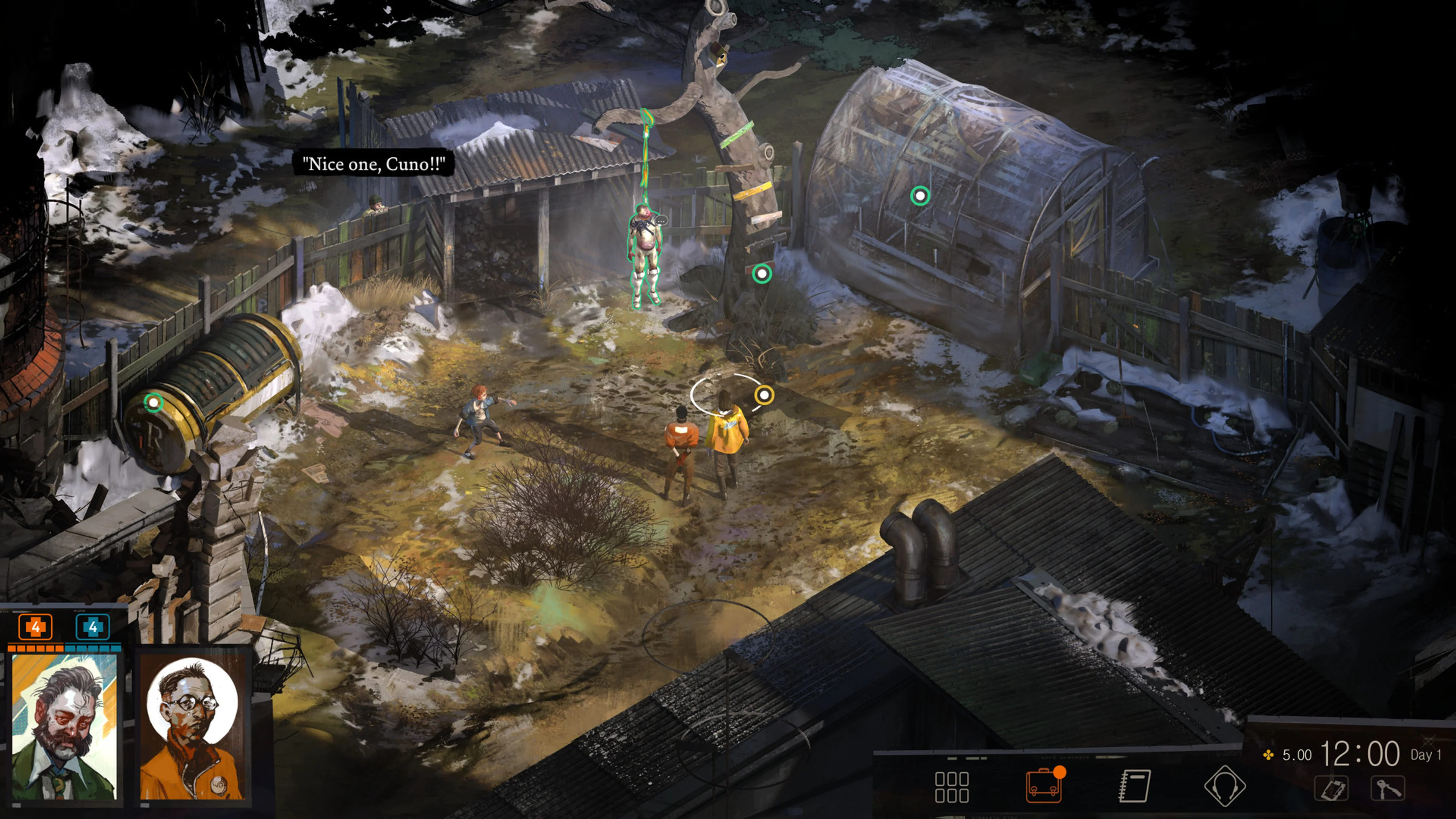 Official Disco Elysium world screenshot: the detective and Kim stand below an outlined person, while circular interaction markers appear on objects and the Health and Morale bars sit at lower left.