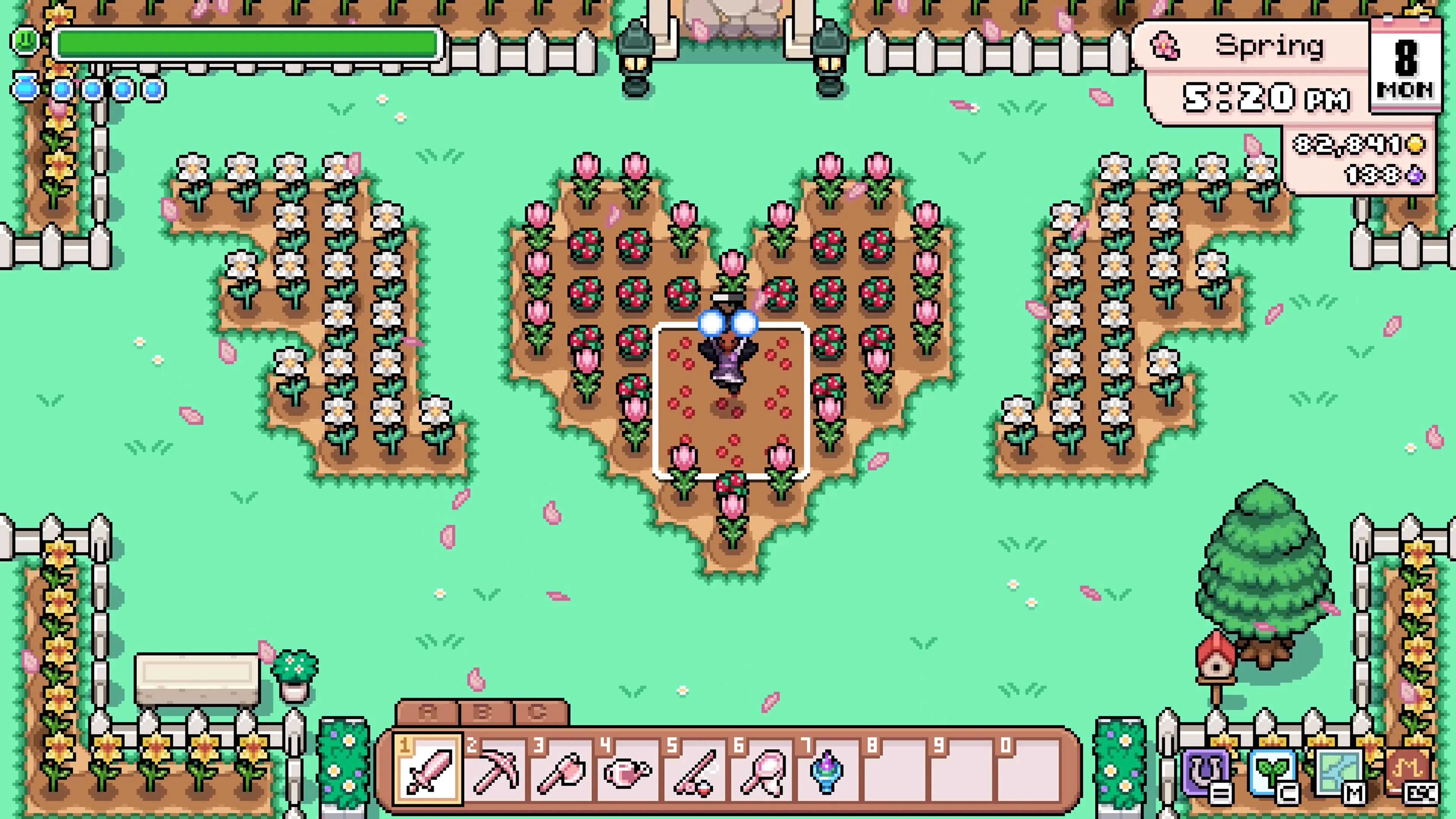 Crops and flowers form a heart-shaped design on a Fields of Mistria farm.