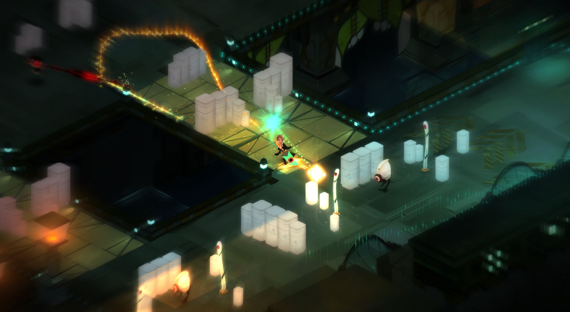 A lighted path and pale square structures form a combat area in Cloudbank.