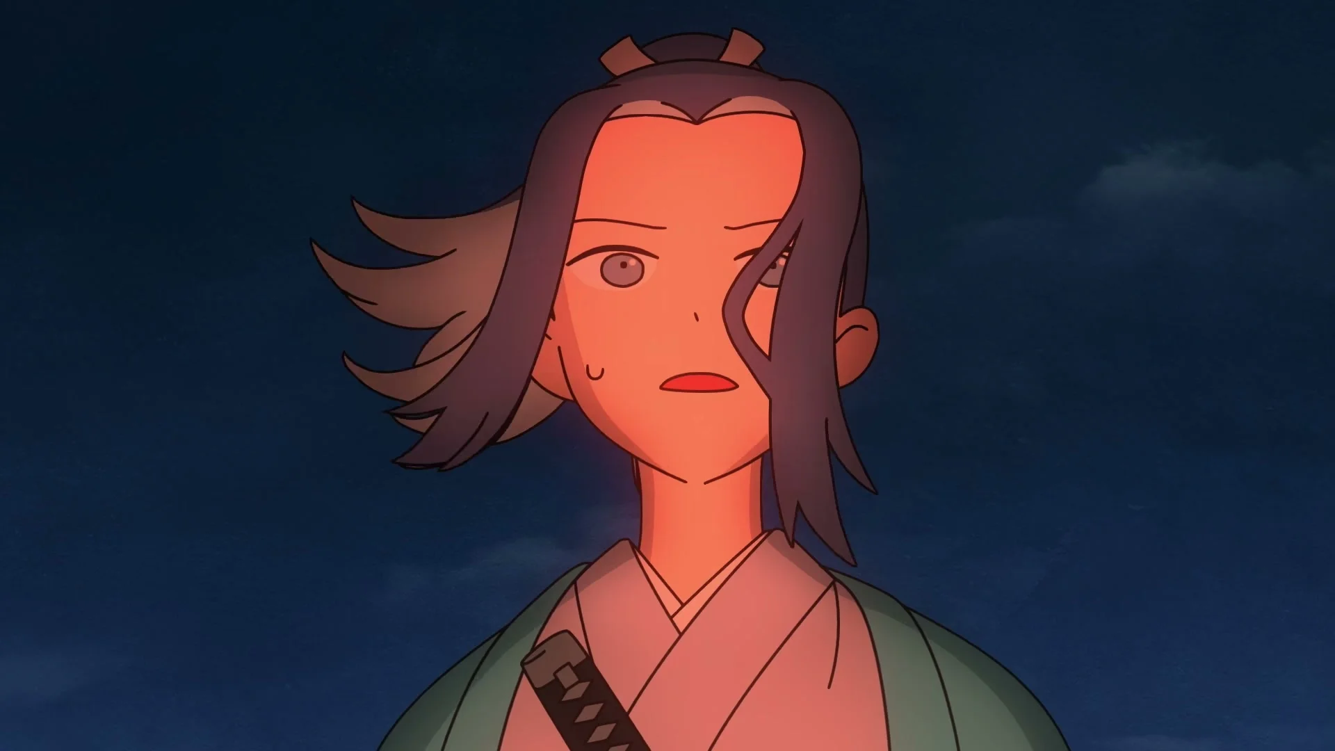 A worried Mibu Roshigumi member looks toward a red glow in Inherit the Winds.