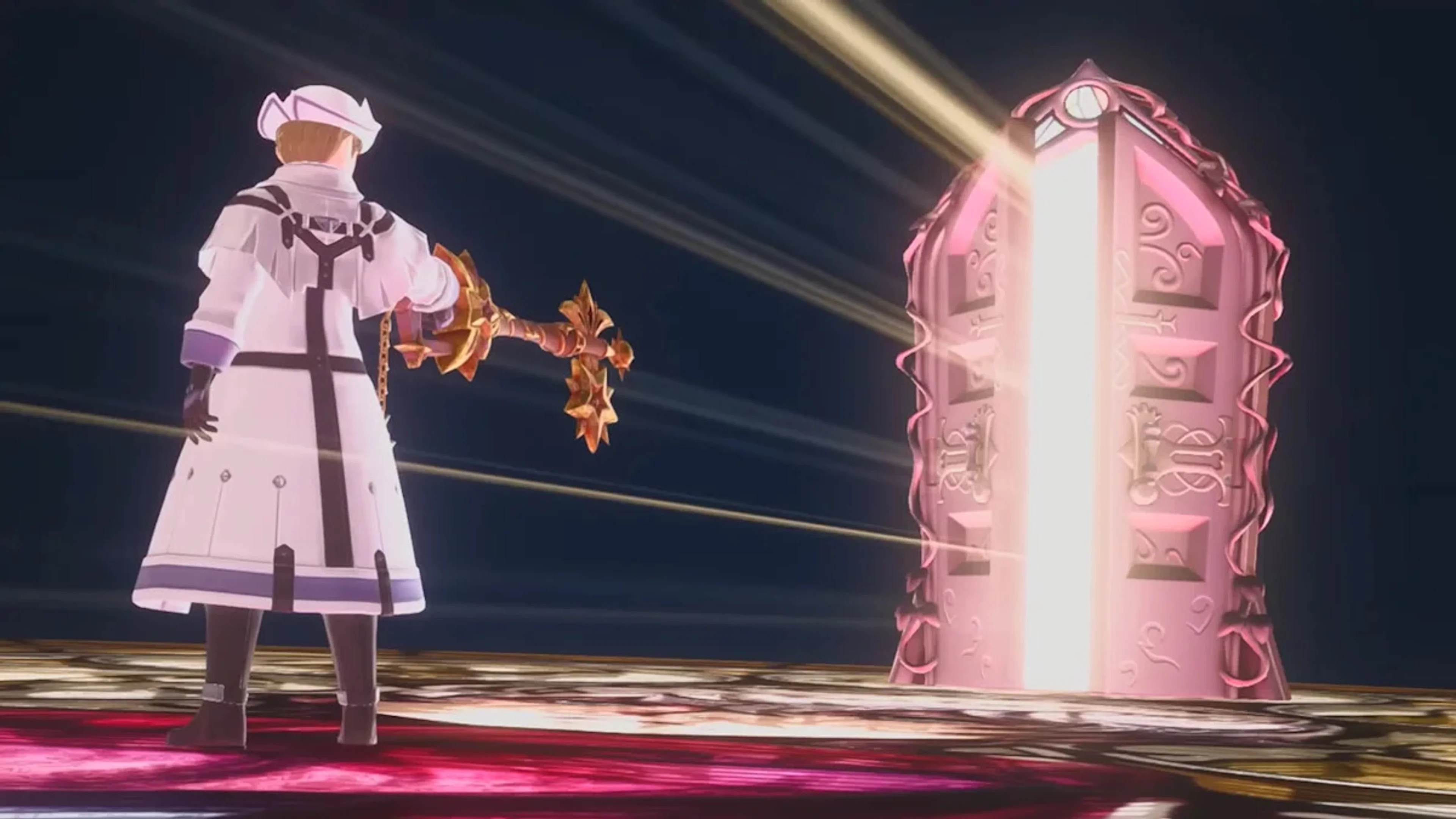 A Keyblade wielder faces a glowing doorway in footage associated with Kingdom Hearts Missing-Link.