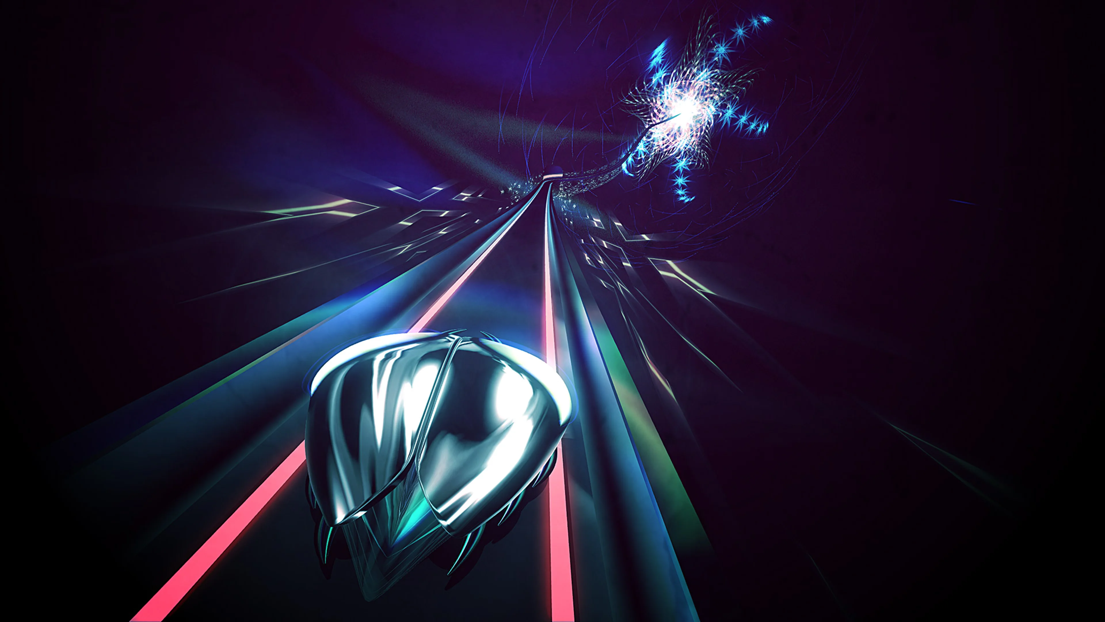 Official Thumper screenshot: a silver beetle in the foreground and a long track ahead under a blue flare.
