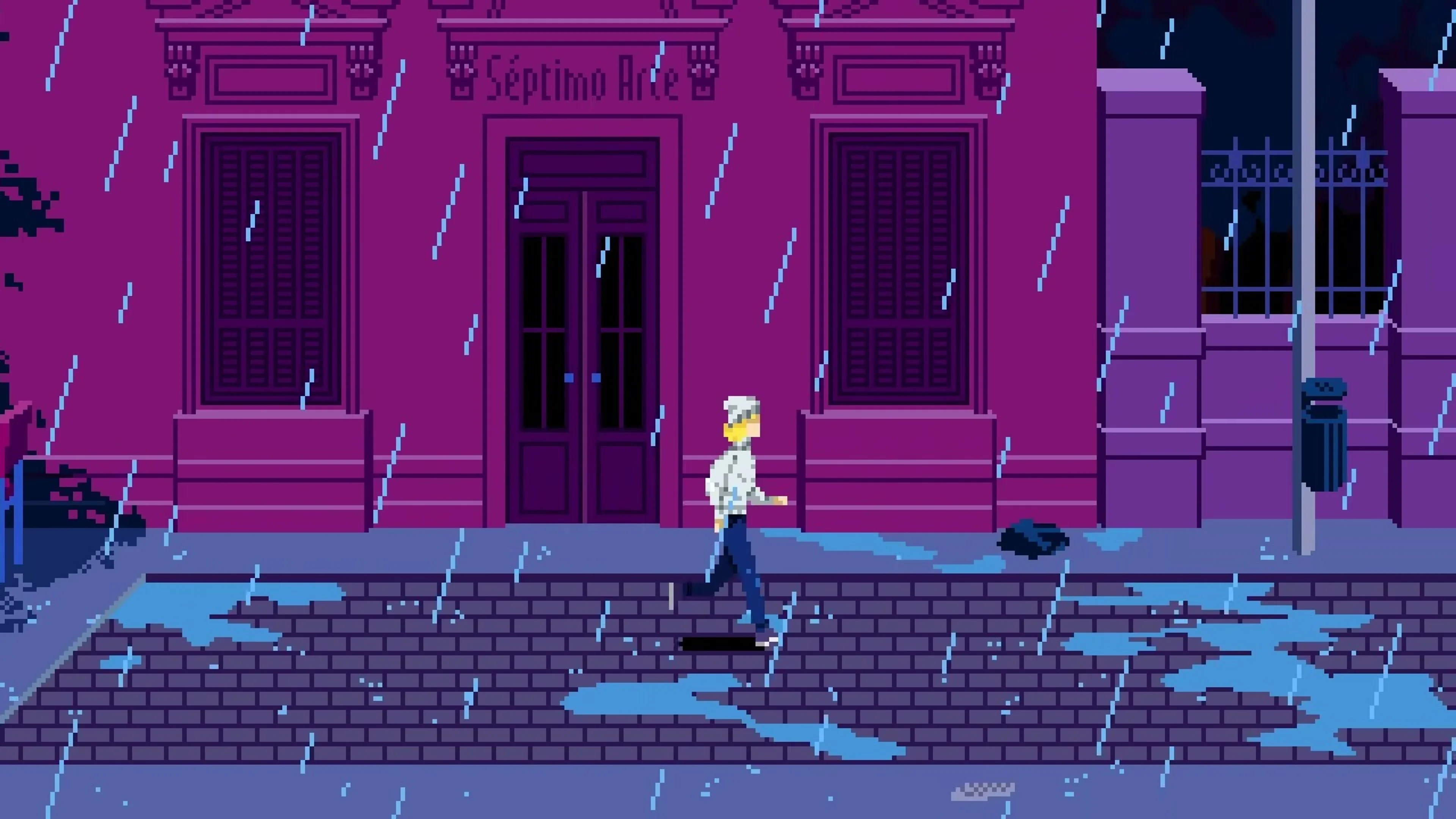 A character walks through a purple-lit pixel-art street in Tenebris Somnia.