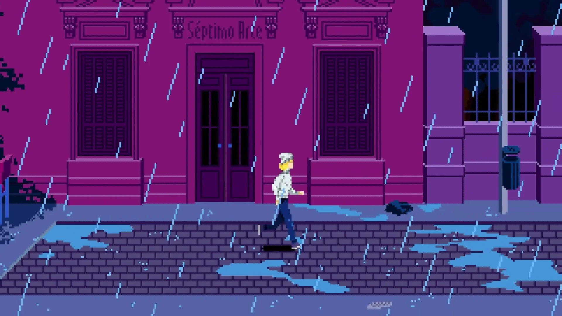 A character walks through a purple-lit pixel-art street in Tenebris Somnia.