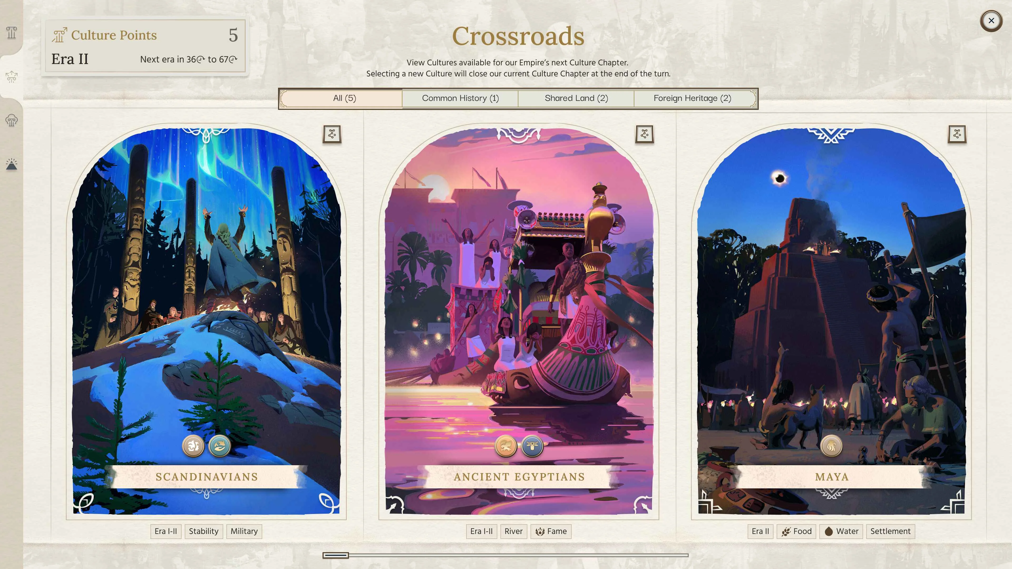 The HUMANKIND 2 Crossroads screen shows culture choices for the next chapter, including Scandinavians, Ancient Egyptians, and Maya.