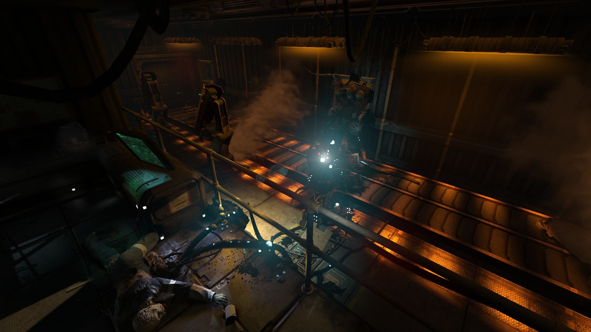 A dark metal walkway leads through an industrial area under orange lights.