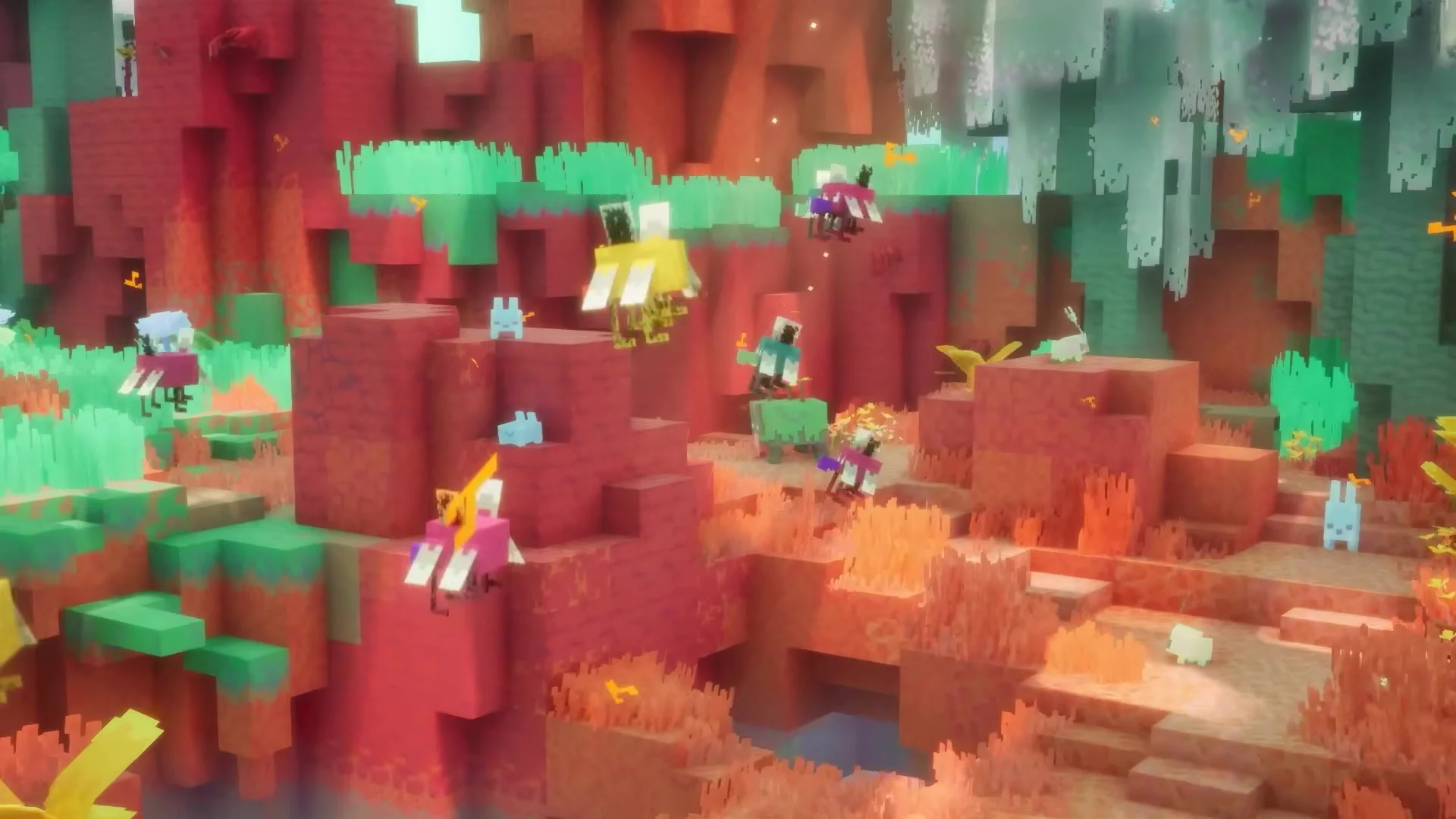 Bright flying creatures move through the red and green terrain of The Sift.