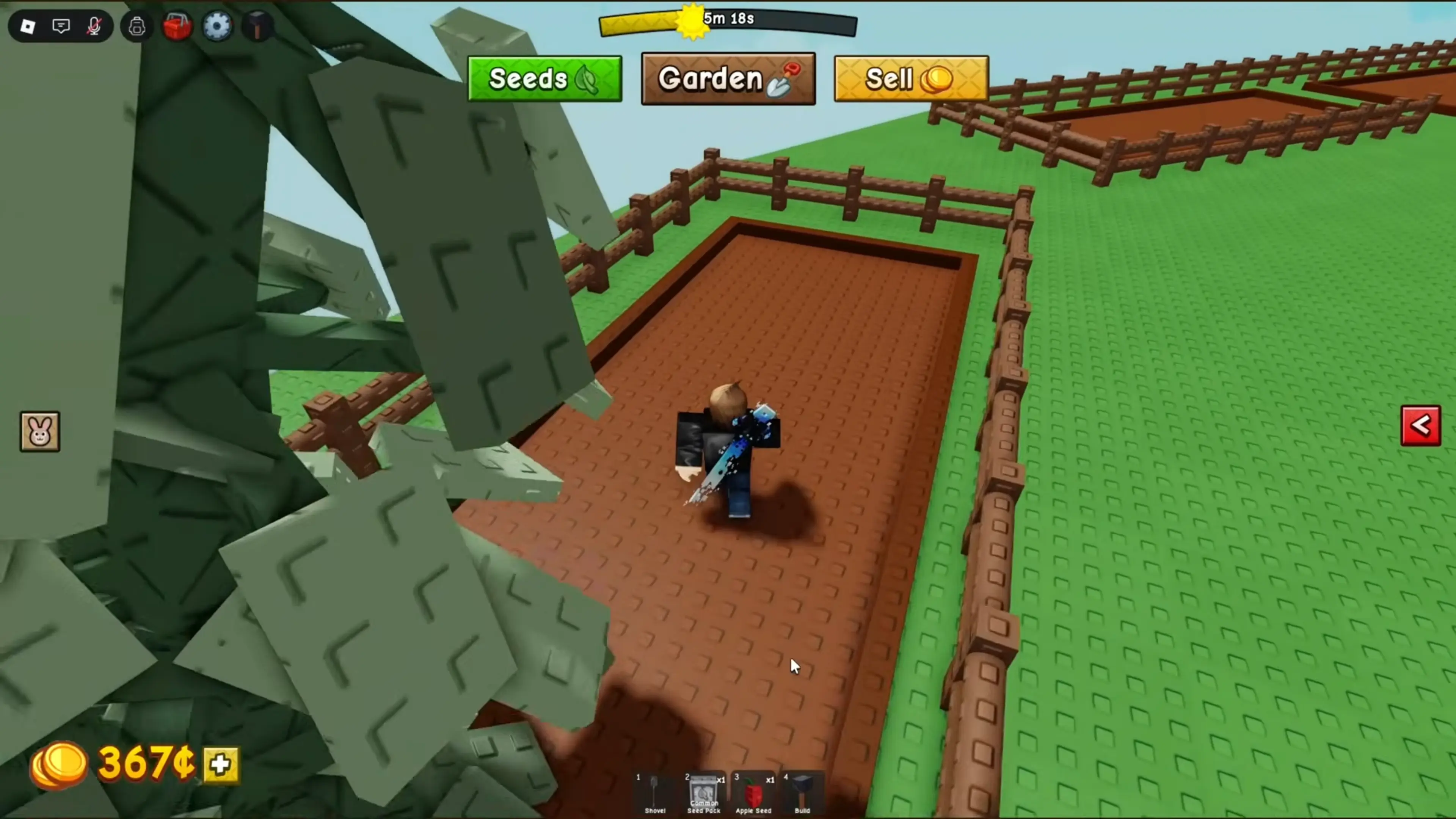 A Grow a Garden 2 player standing inside a fenced garden plot.