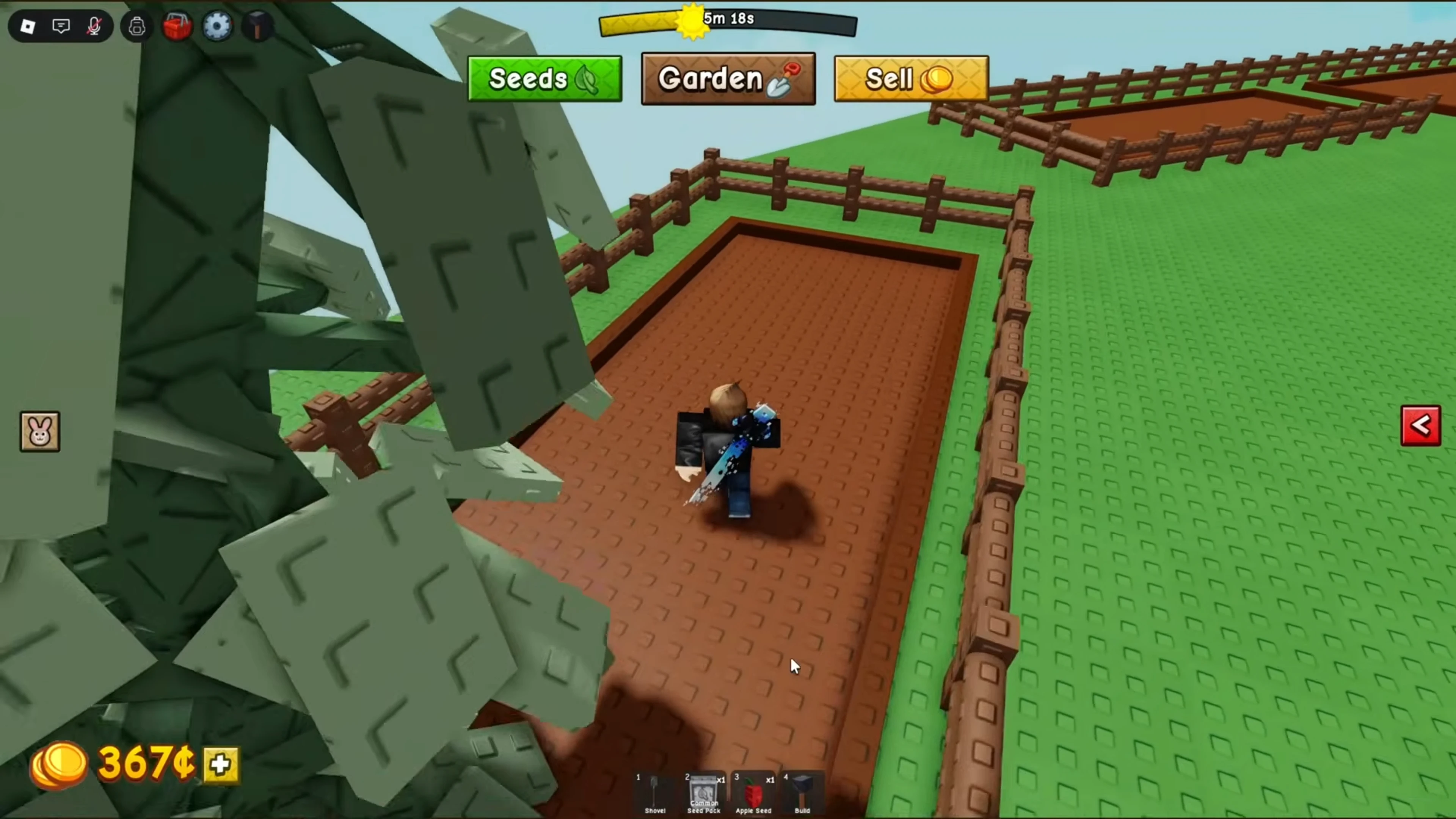 A Grow a Garden 2 player standing inside a fenced garden plot.