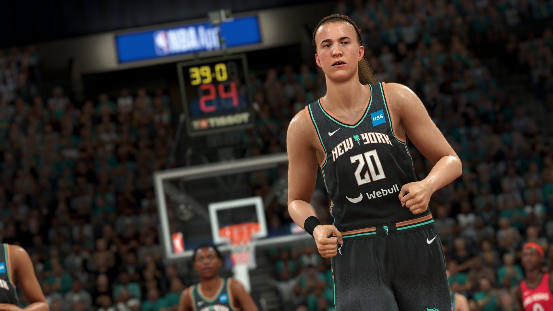 A New York Liberty player in a basketball arena in NBA 2K24.