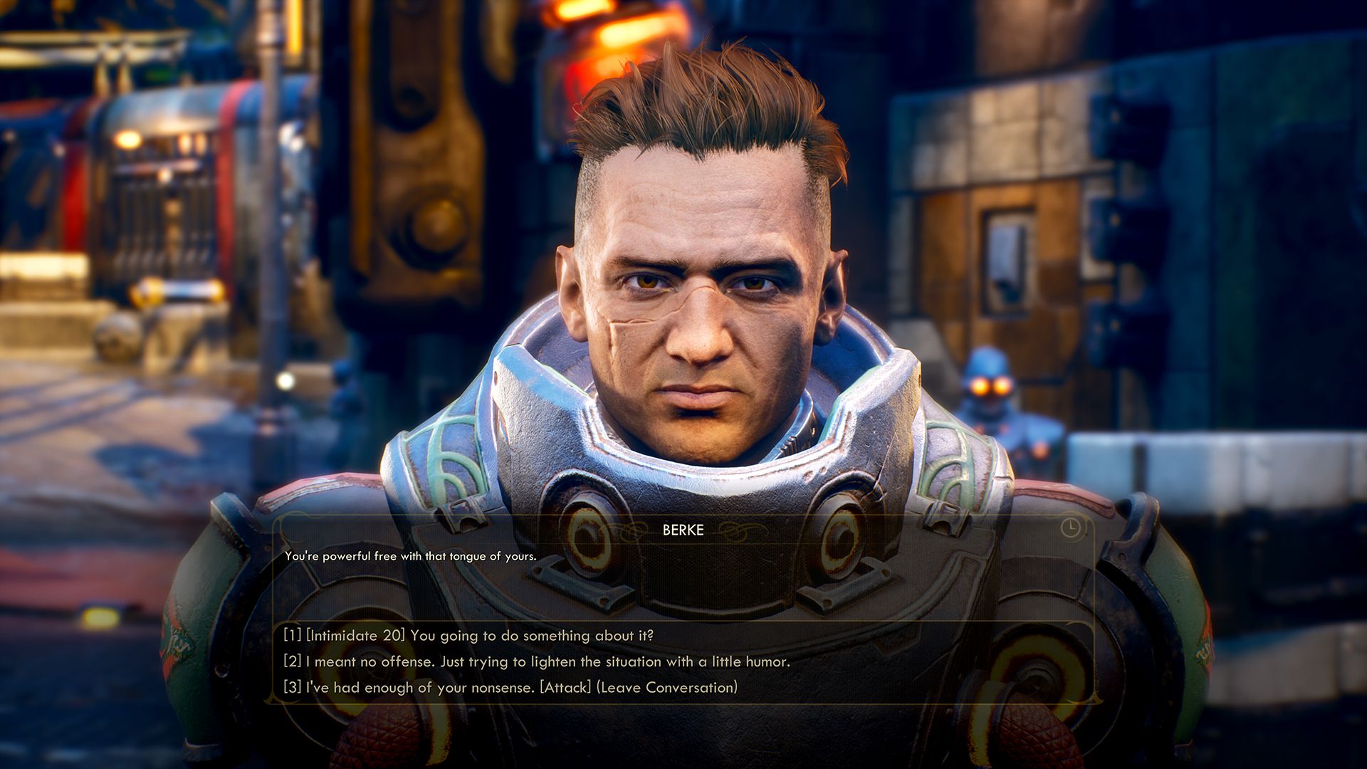 A close conversation with a colony worker in protective gear includes several dialogue choices on screen.
