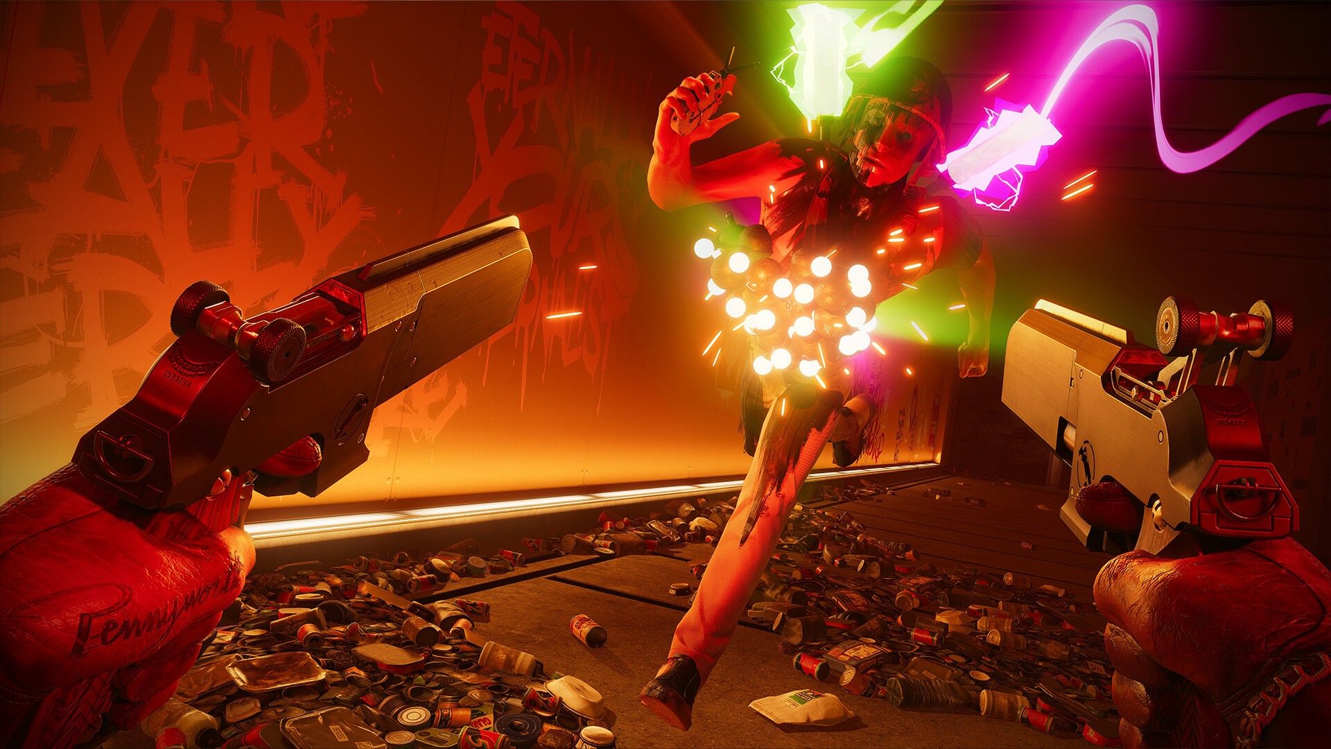 Colt aims two pistols in a brightly lit Blackreef room.