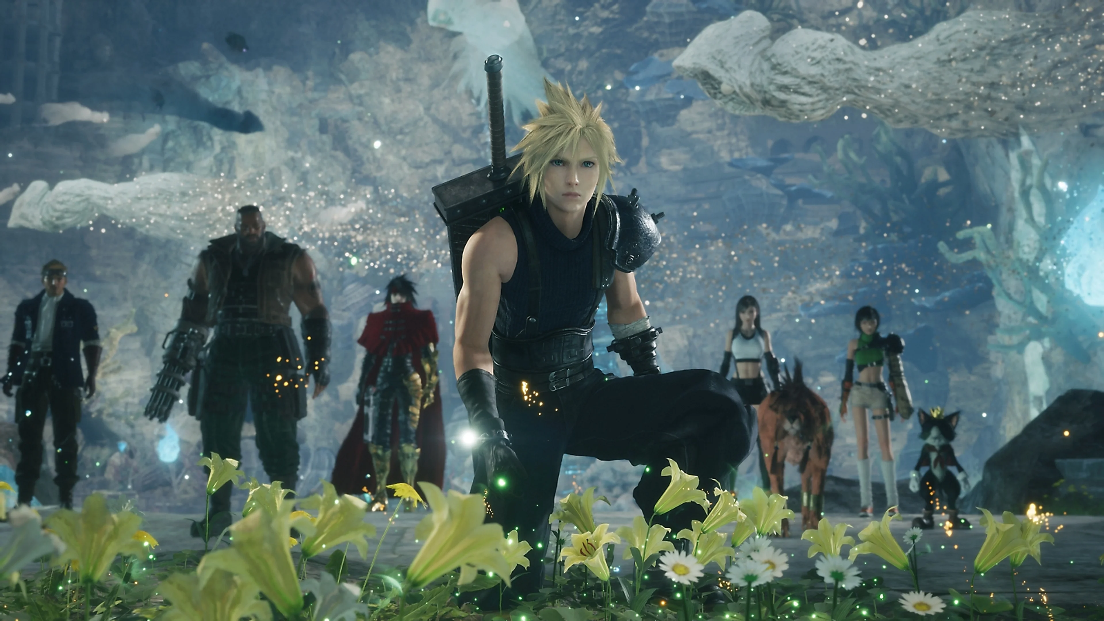 Cloud and the Final Fantasy VII party stand together in a field in Revelation.