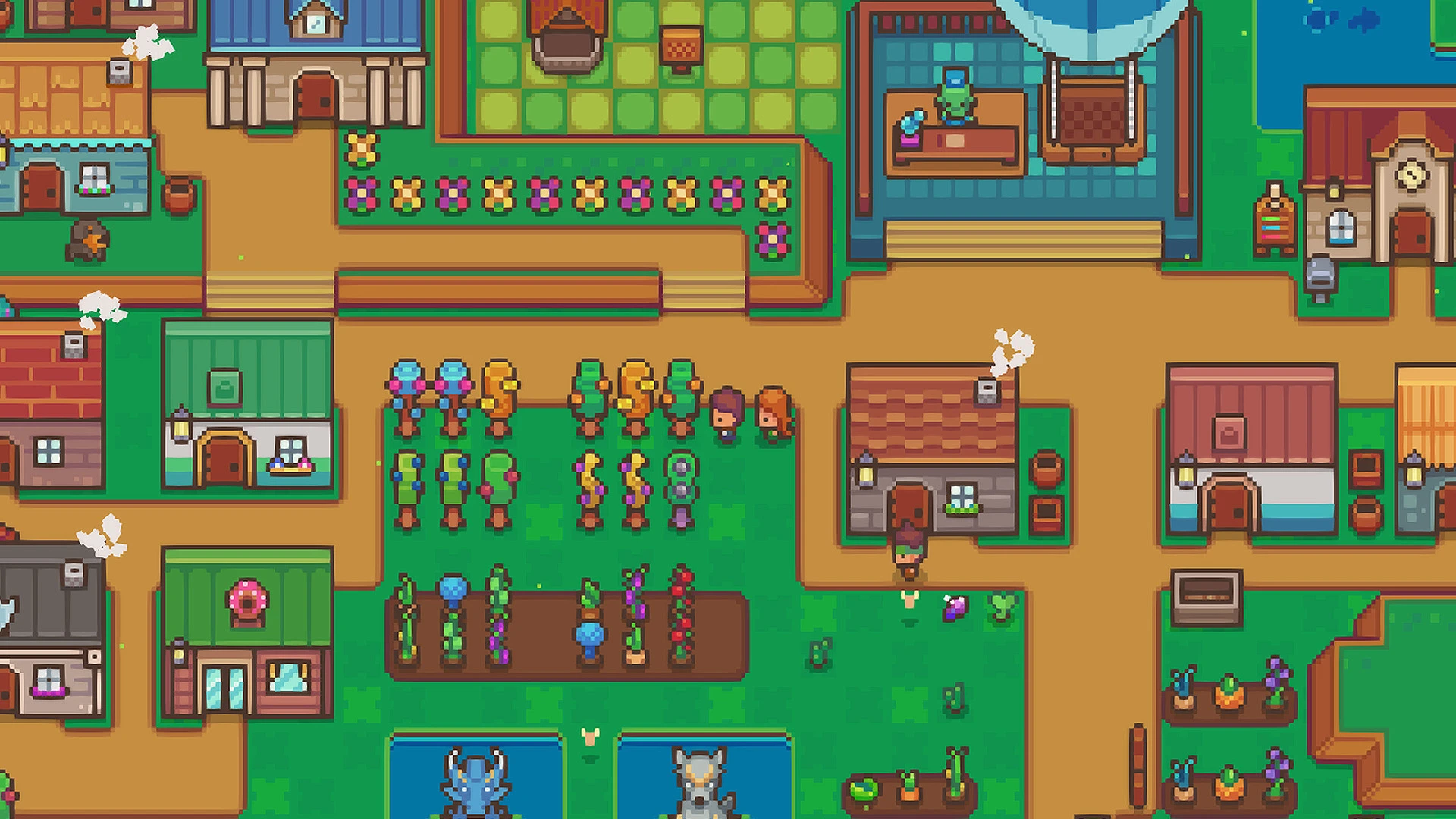 An overhead view of Littlewood homes, crops and paths.