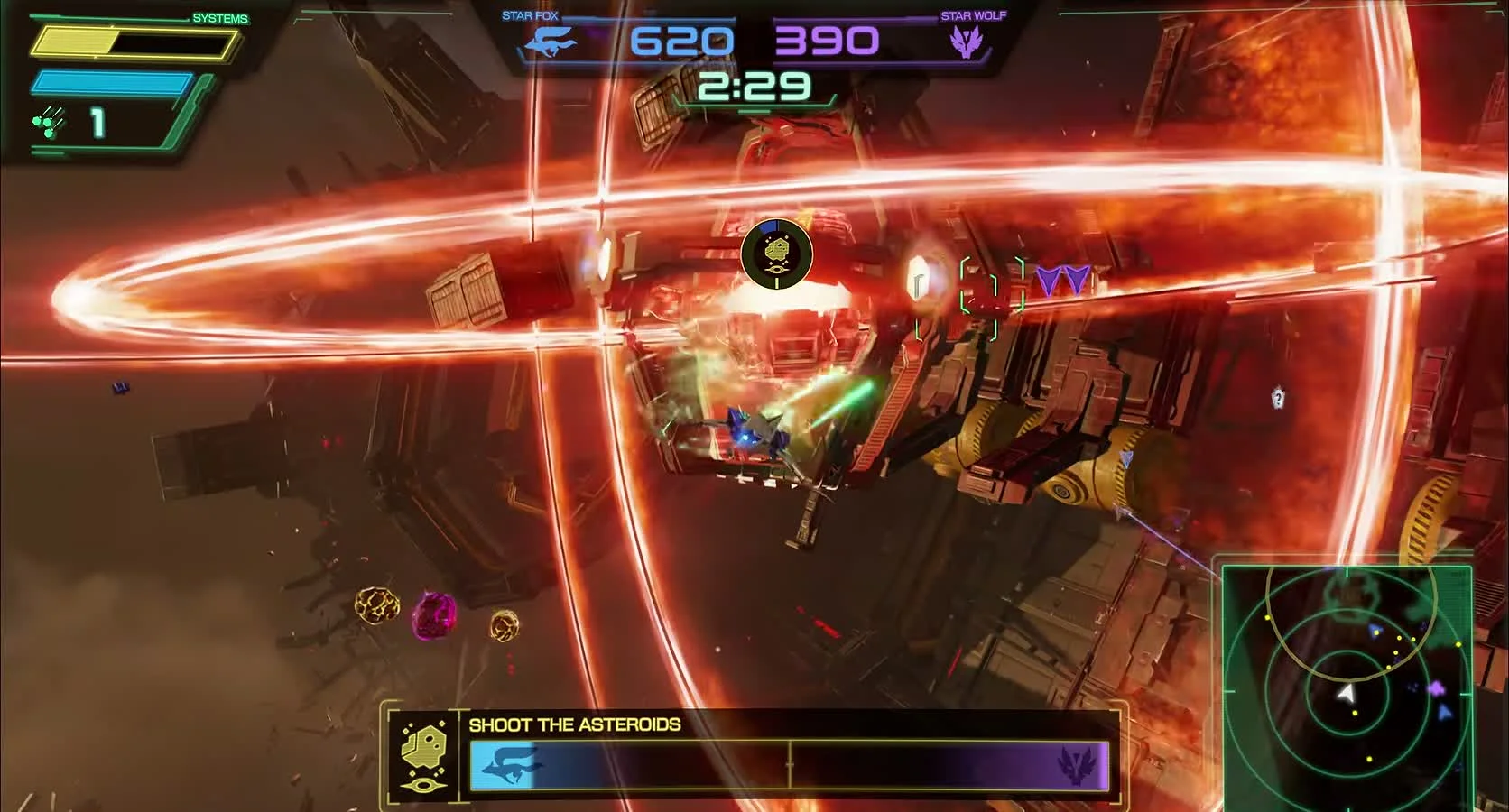 Arwings fly through the asteroid field in Star Fox Battle Mode’s Sector X stage.