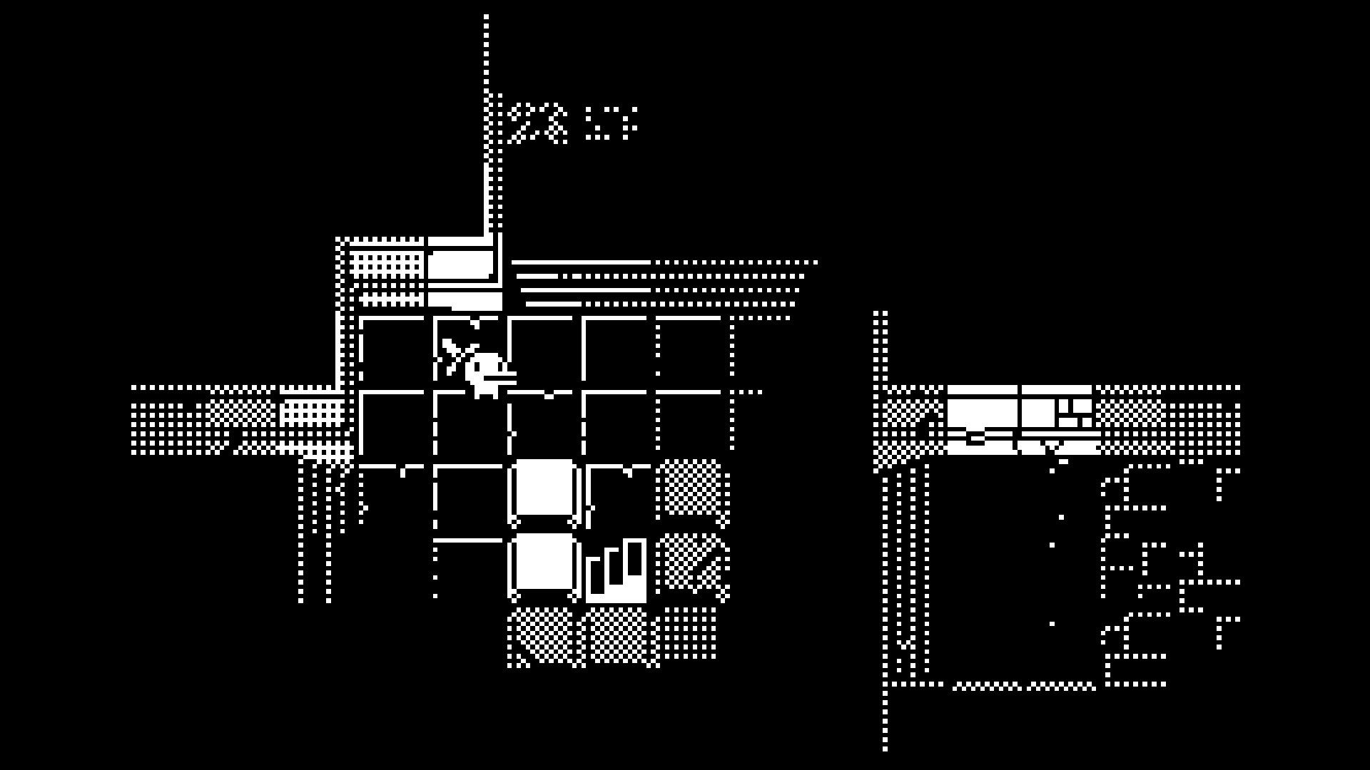 Narrow walkways and separate platforms show the top-down layout used for exploration.