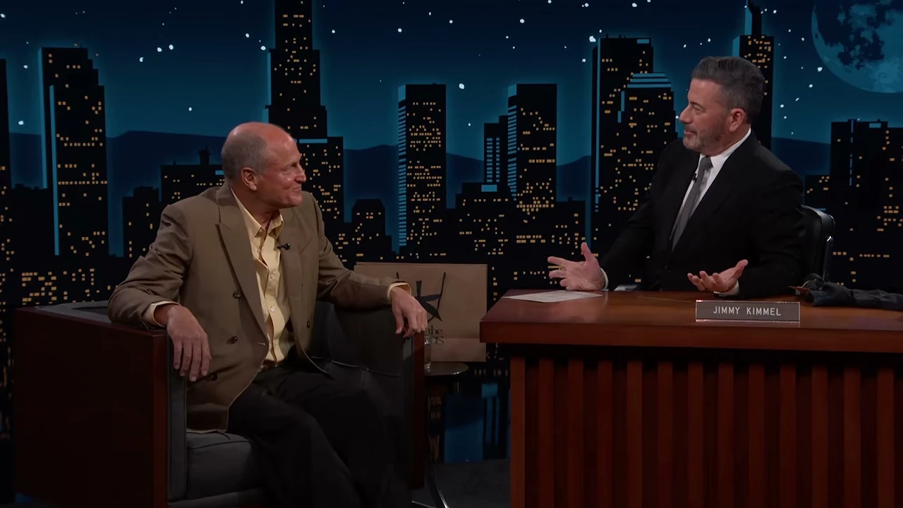 Jimmy Kimmel talks with Woody Harrelson on the Jimmy Kimmel Live studio set.