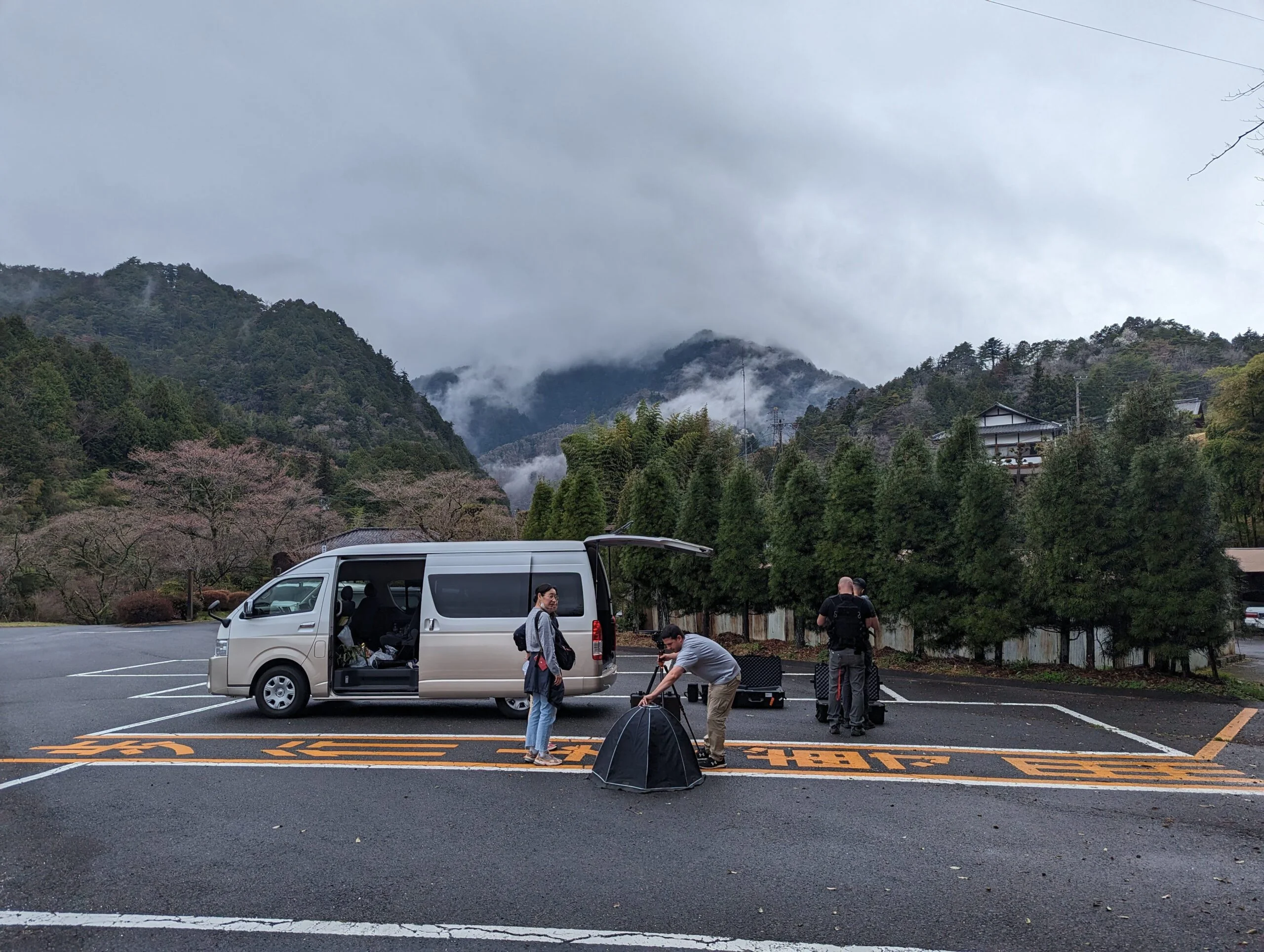 Insomniac Games’ scanning crew works near a mountain landscape in Japan during research for Marvel’s Wolverine.