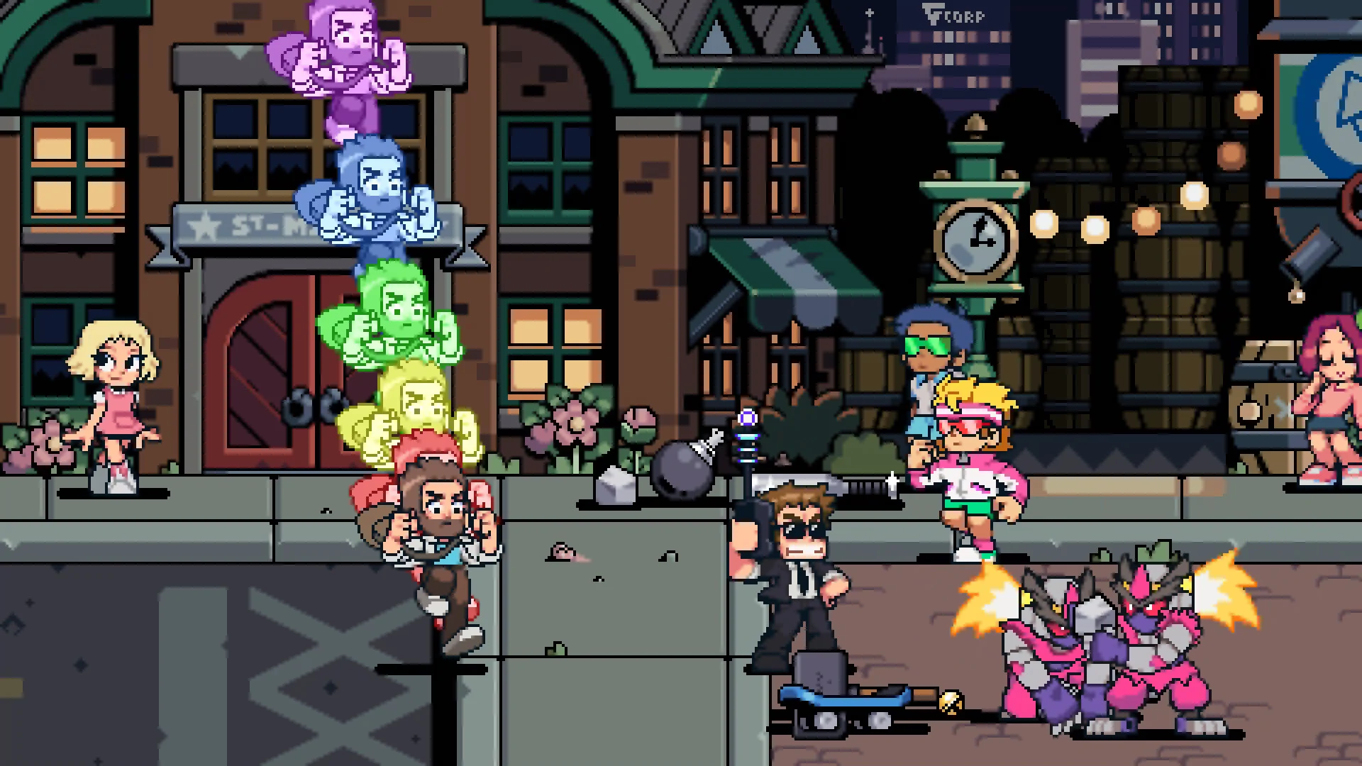 Stephen Stills swings his guitar while colored echoes trail behind him in Scott Pilgrim EX.