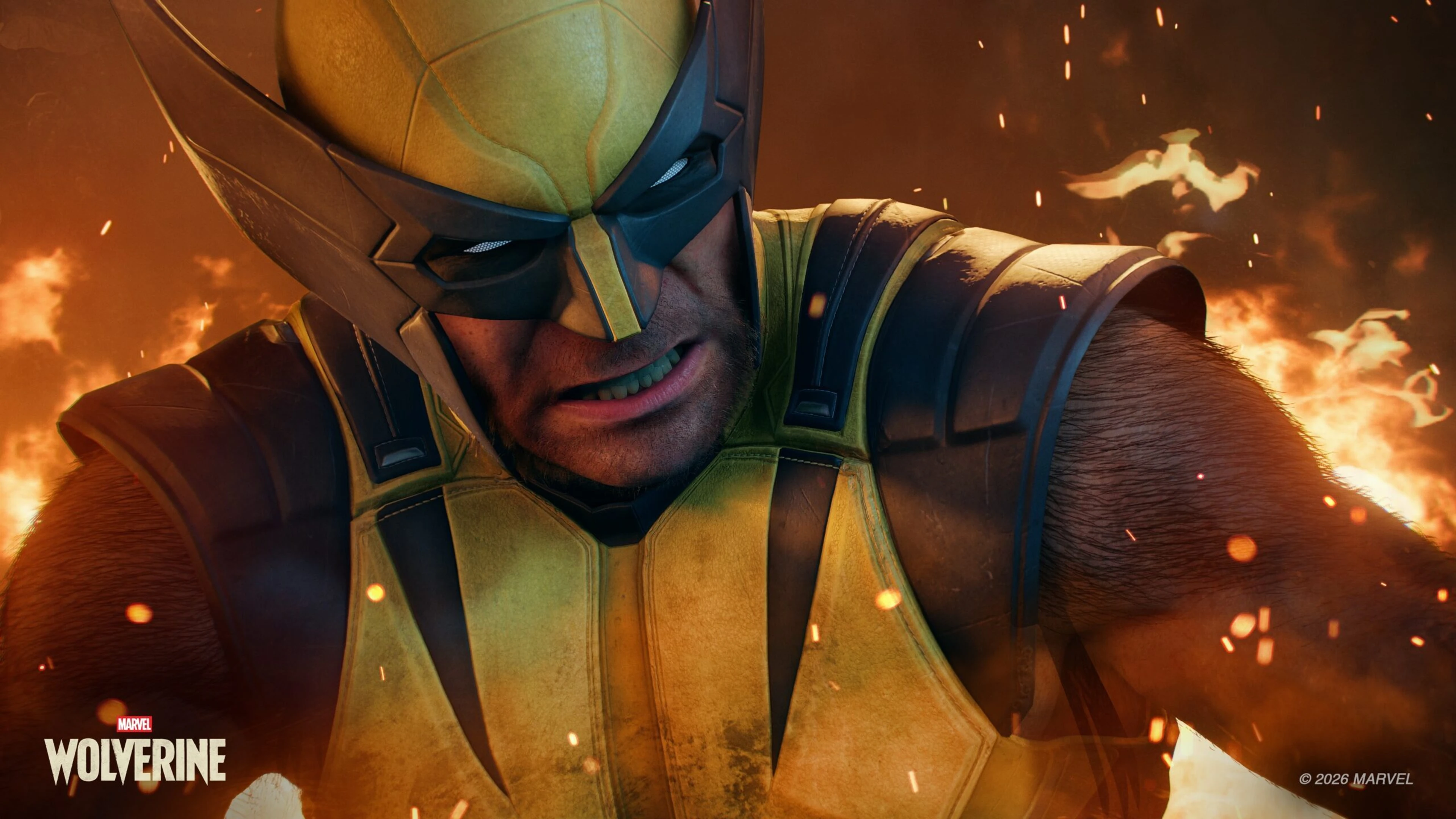 Wolverine stands in a torch-lit Japanese village in official Marvel’s Wolverine game art.