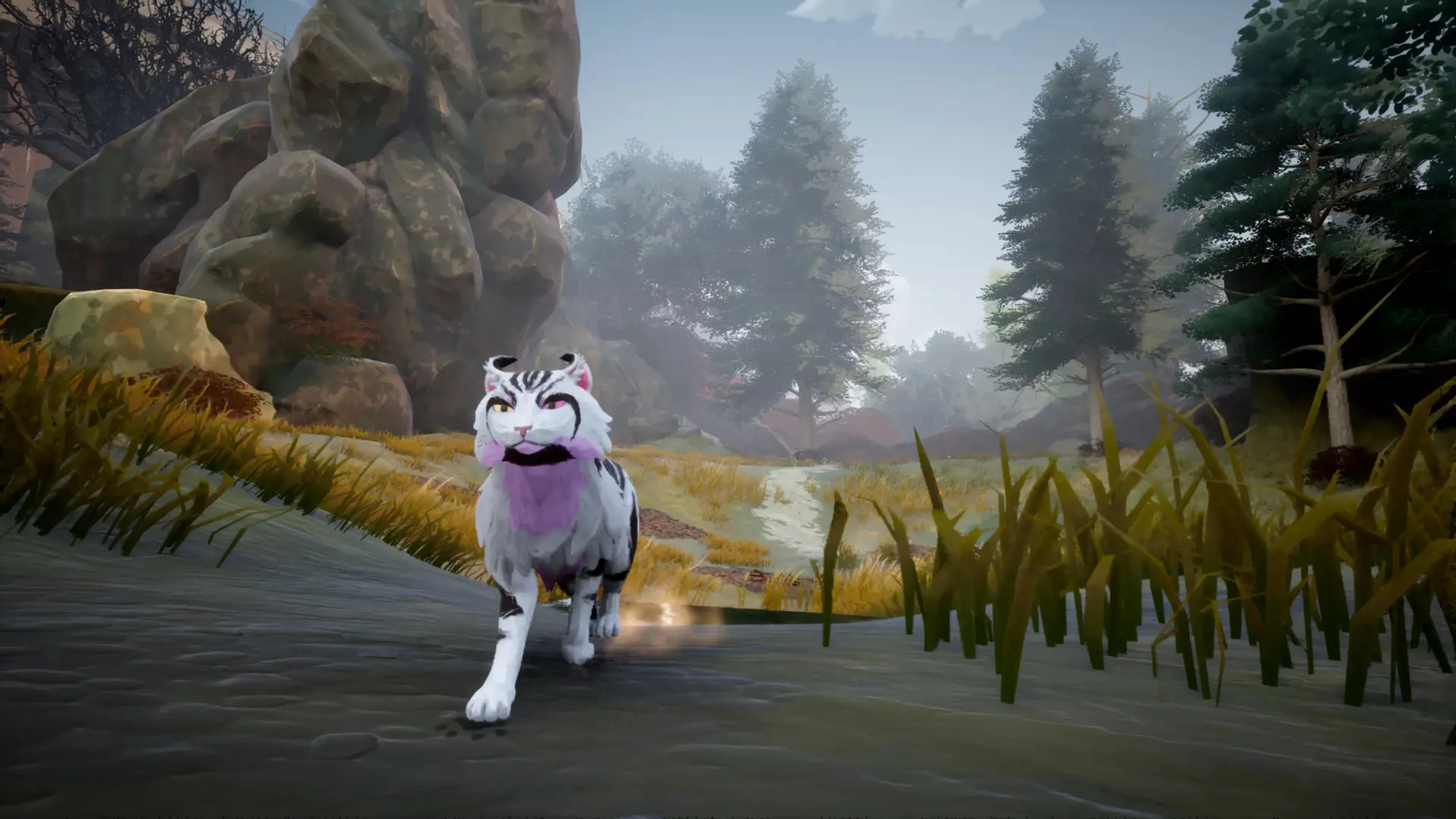A white-and-black warrior cat walks through a misty landscape in Clans of the Forest.