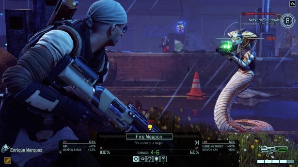 The tactical screen shows an XCOM soldier, an alien target and action choices along the bottom.