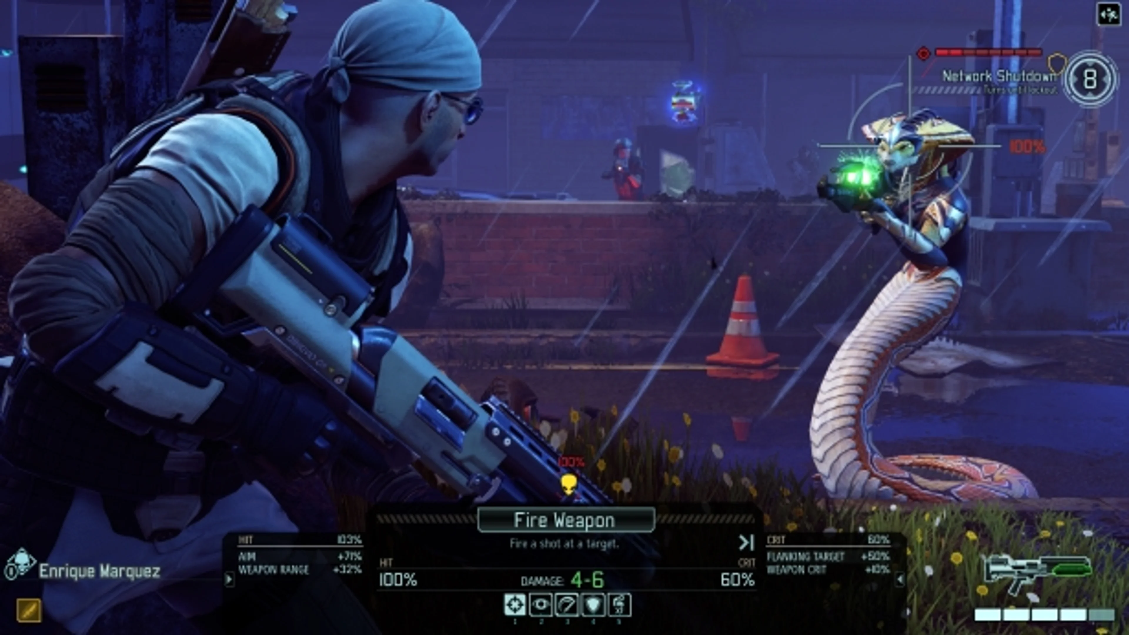 Official XCOM 2 battle screenshot showing the Fire Weapon action, target, hit chance and lower action bar.