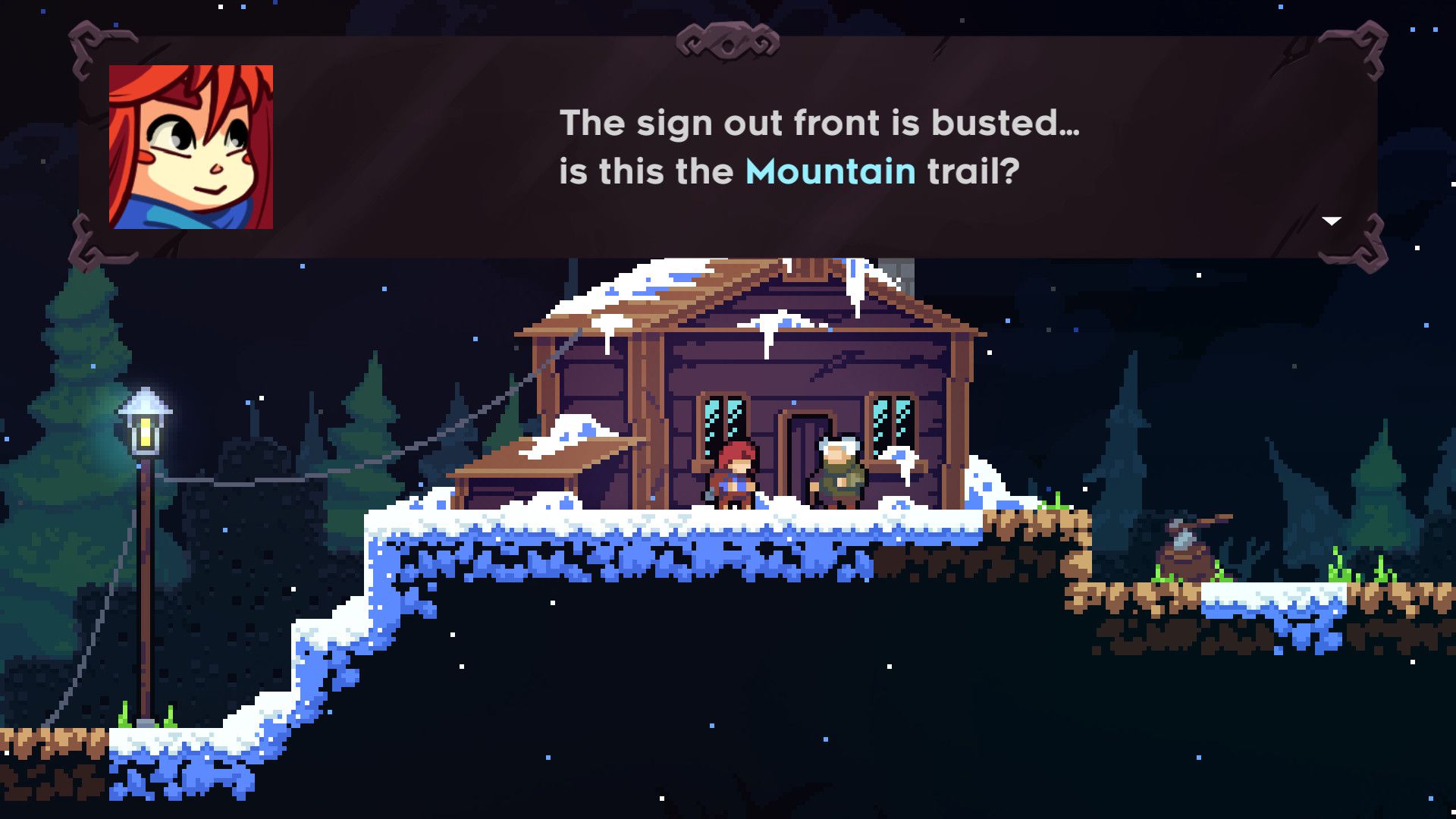 Madeline stands by a mountain trail sign while a conversation appears across the top of a snowy Celeste scene.