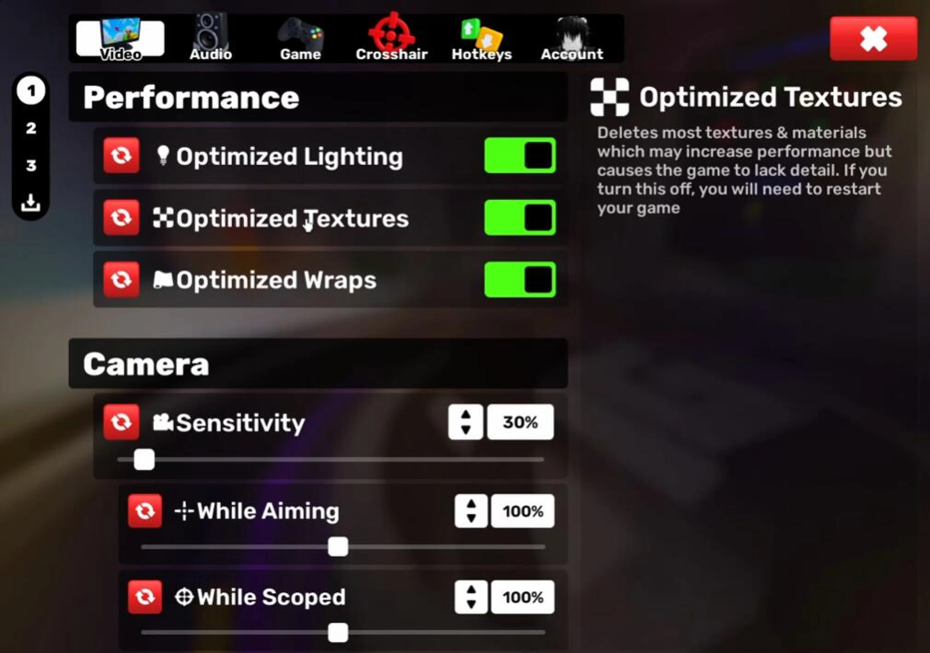 The RIVALS video settings menu showing performance and sensitivity options
