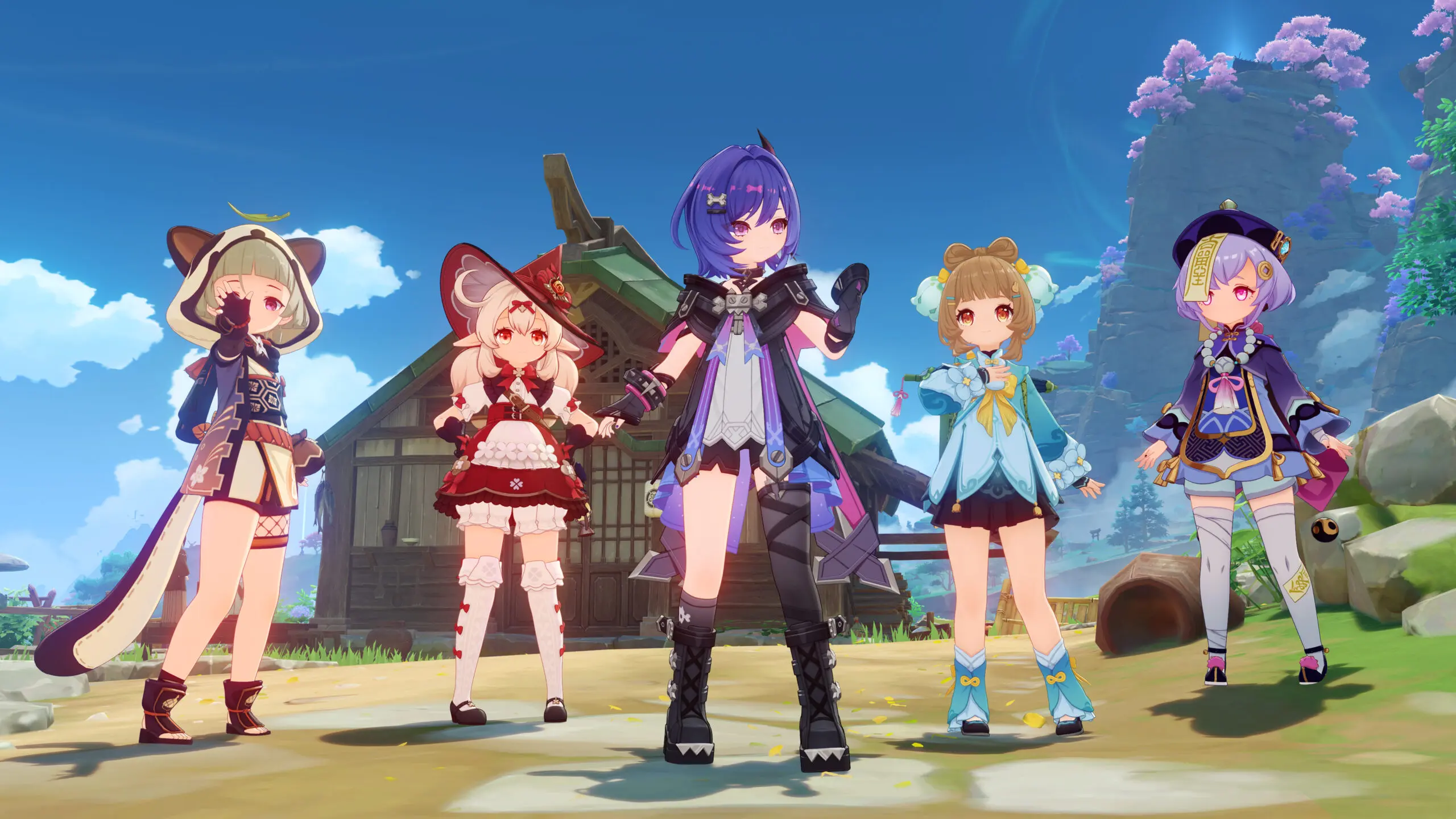 Five Genshin Impact characters standing together in Inazuma