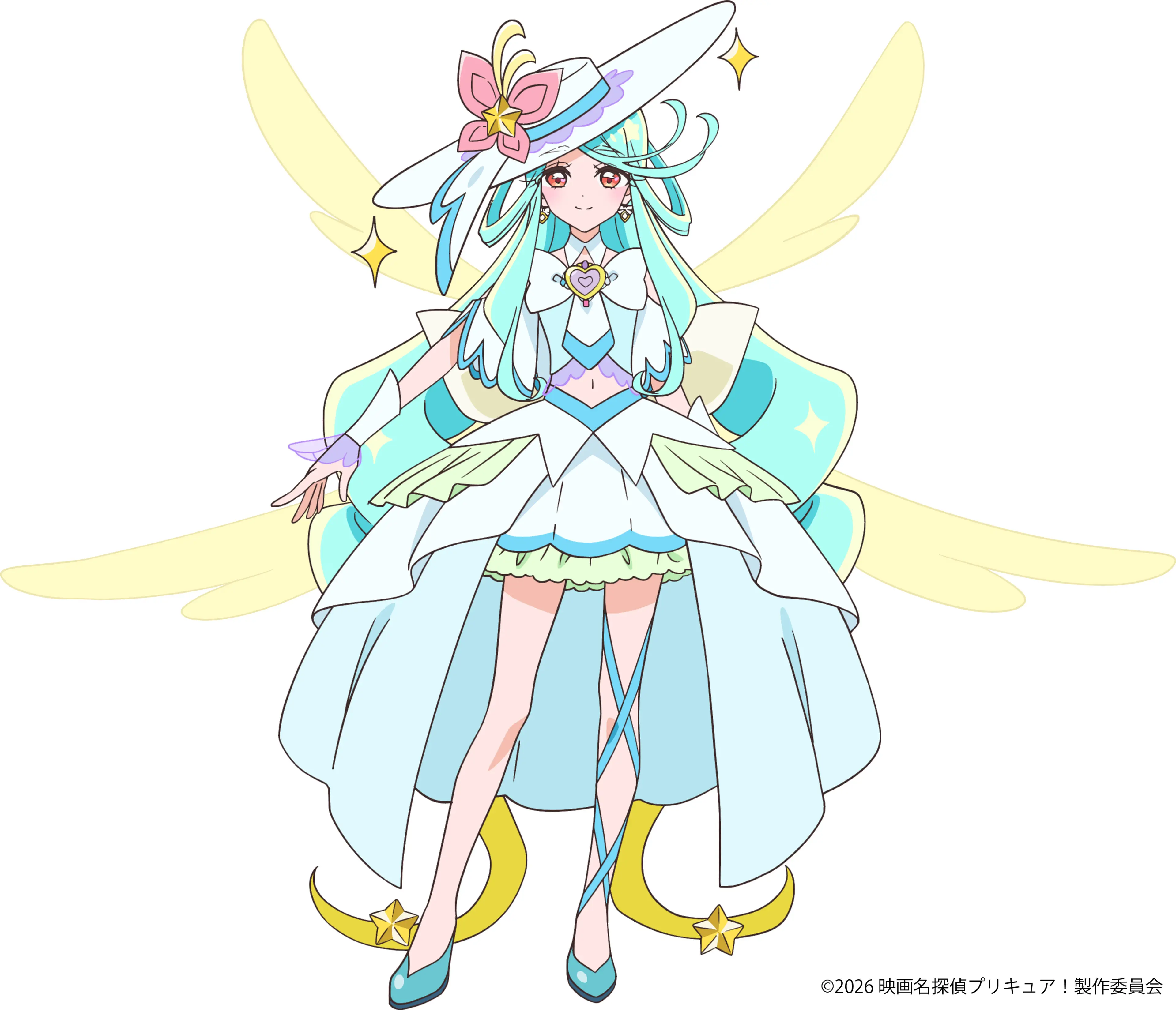 Cure Eclair wears an aqua-and-white Future Form with a wide-brim hat and golden wings.