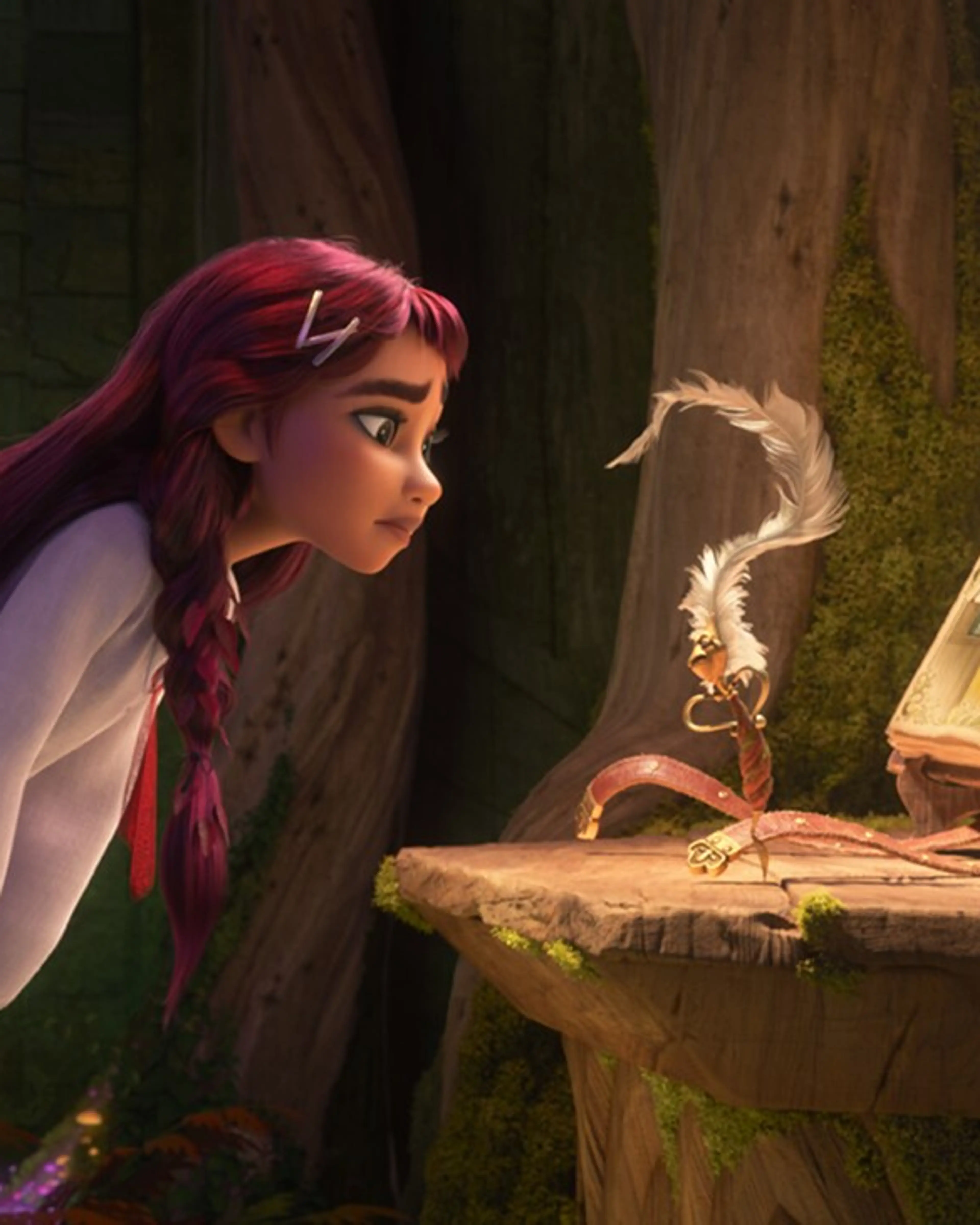 Billie leans toward Ms. Quill and the magical journal Elias Quire.