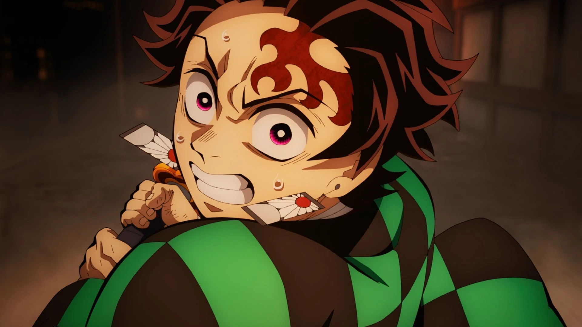 Tanjiro grips his sword and looks upward, wearing his green-and-black checked coat.