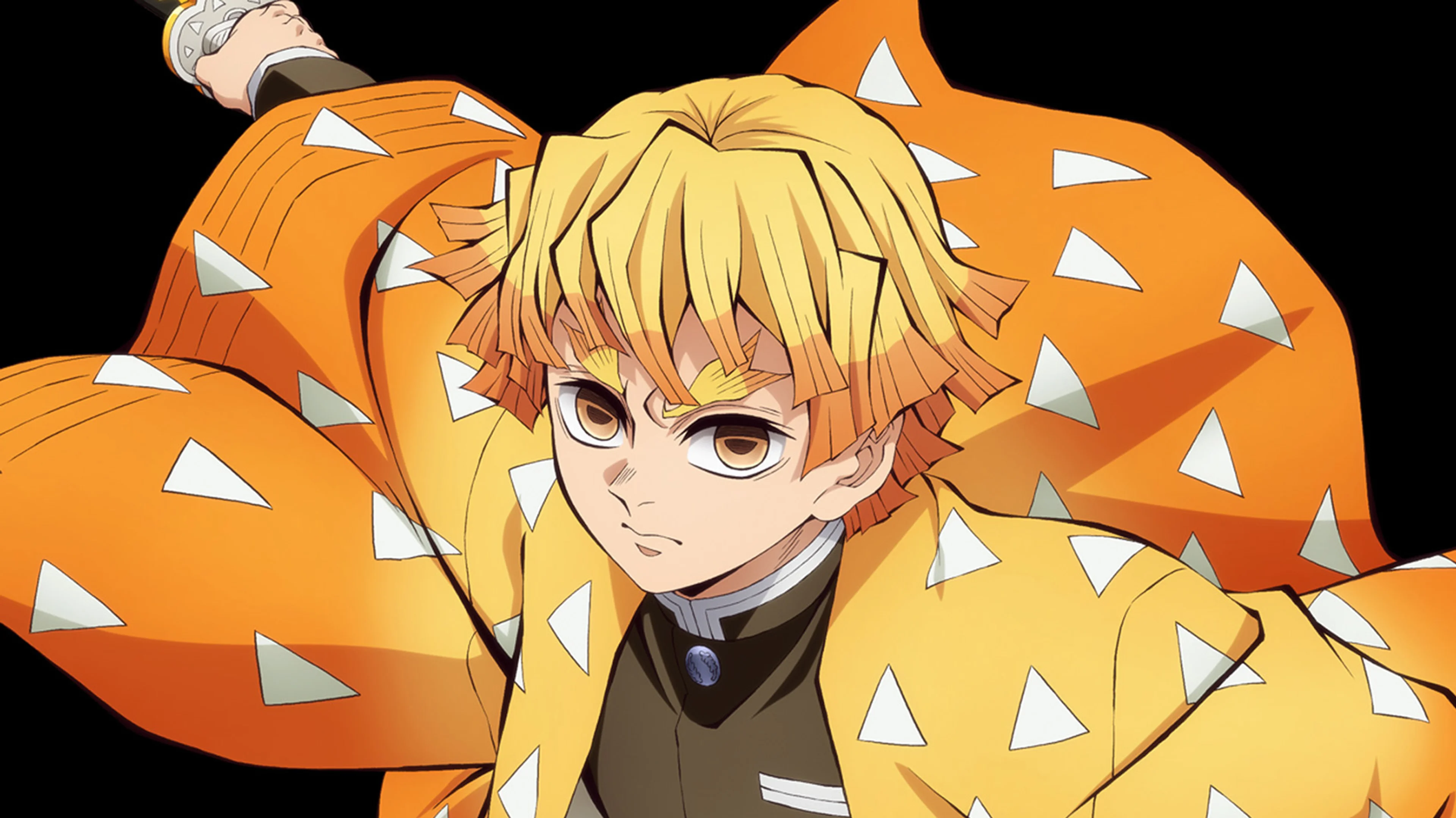 Official character art of blond-haired Zenitsu holding a sword above his yellow coat.