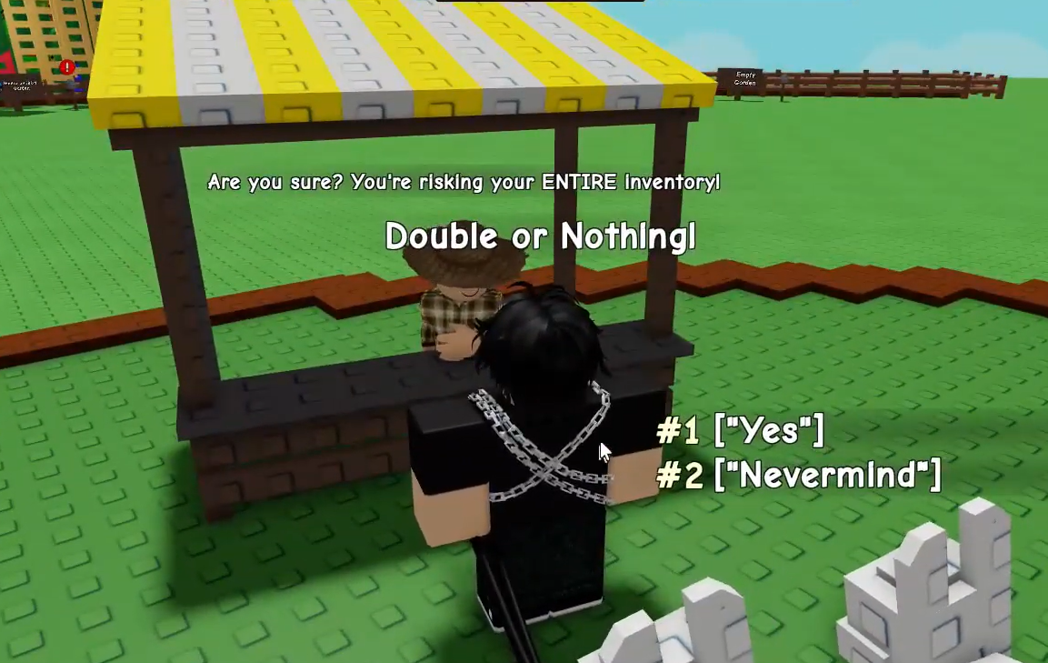 The Double or Nothing interaction shown in the Grow a Garden 2 market.