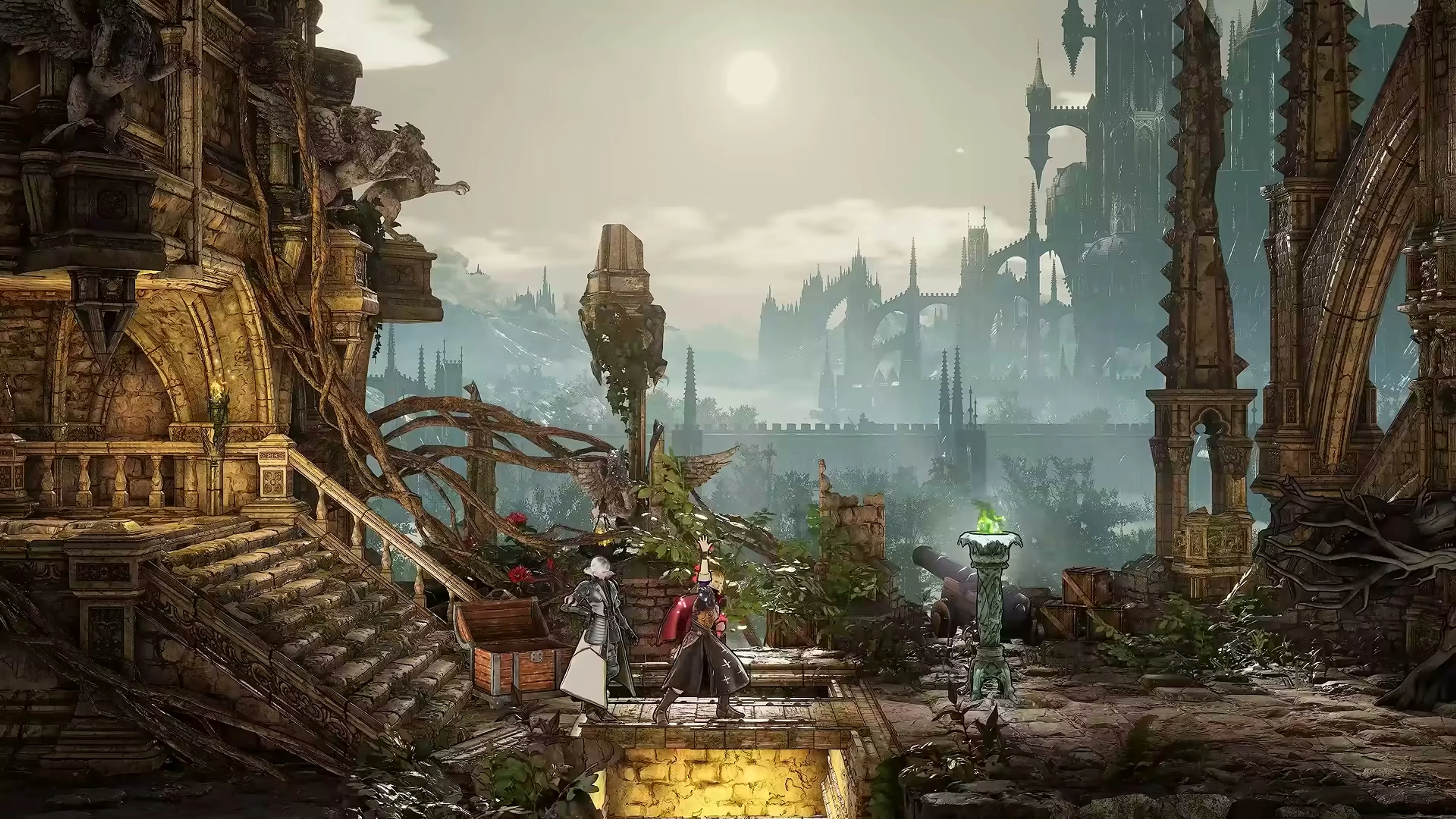 A sunlit stone castle and its grounds appear in Bloodstained: The Scarlet Engagement.