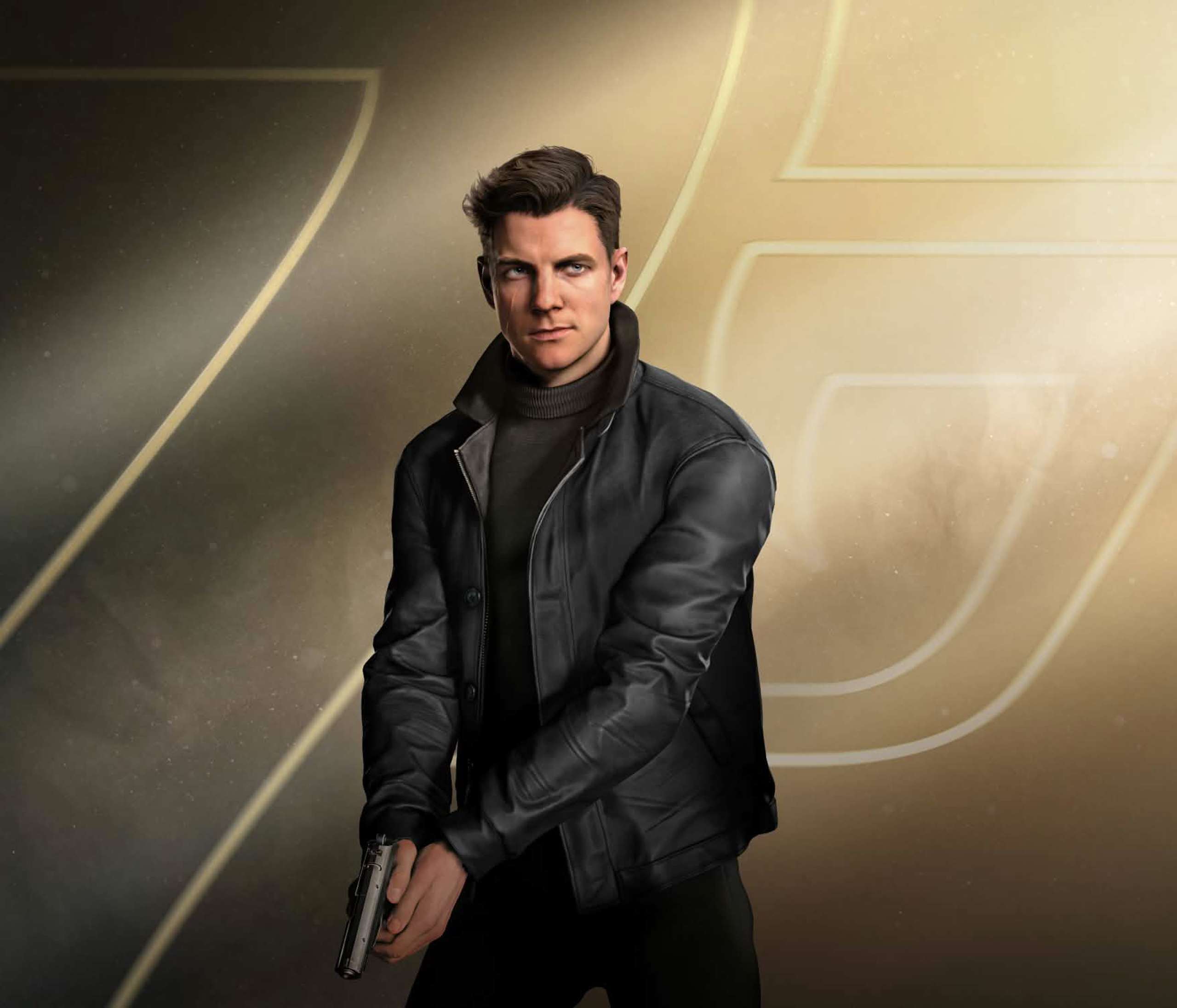 Game-character portrait of James Bond wearing a dark jacket and turtleneck.