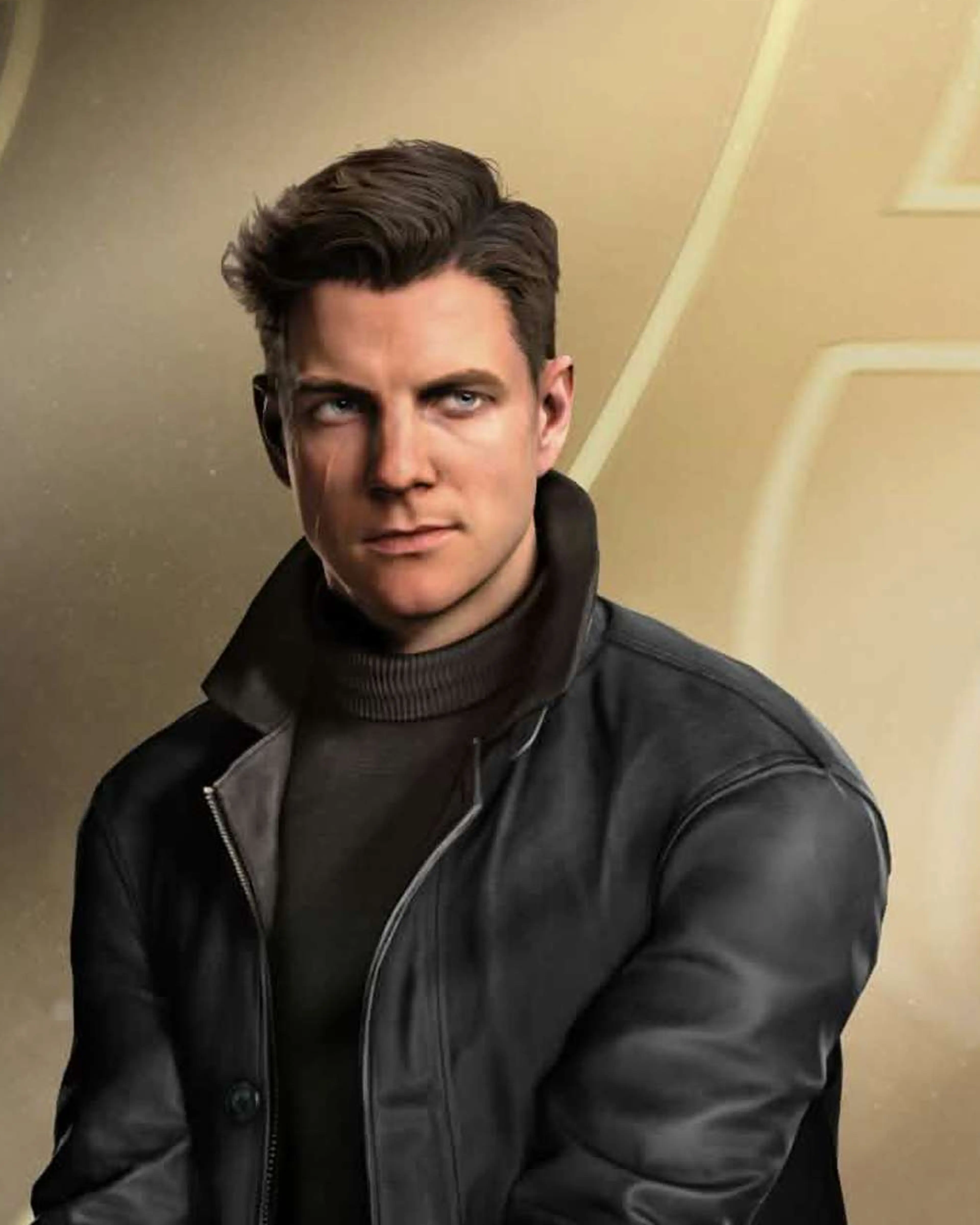 Game-character portrait of James Bond wearing a dark jacket and turtleneck.
