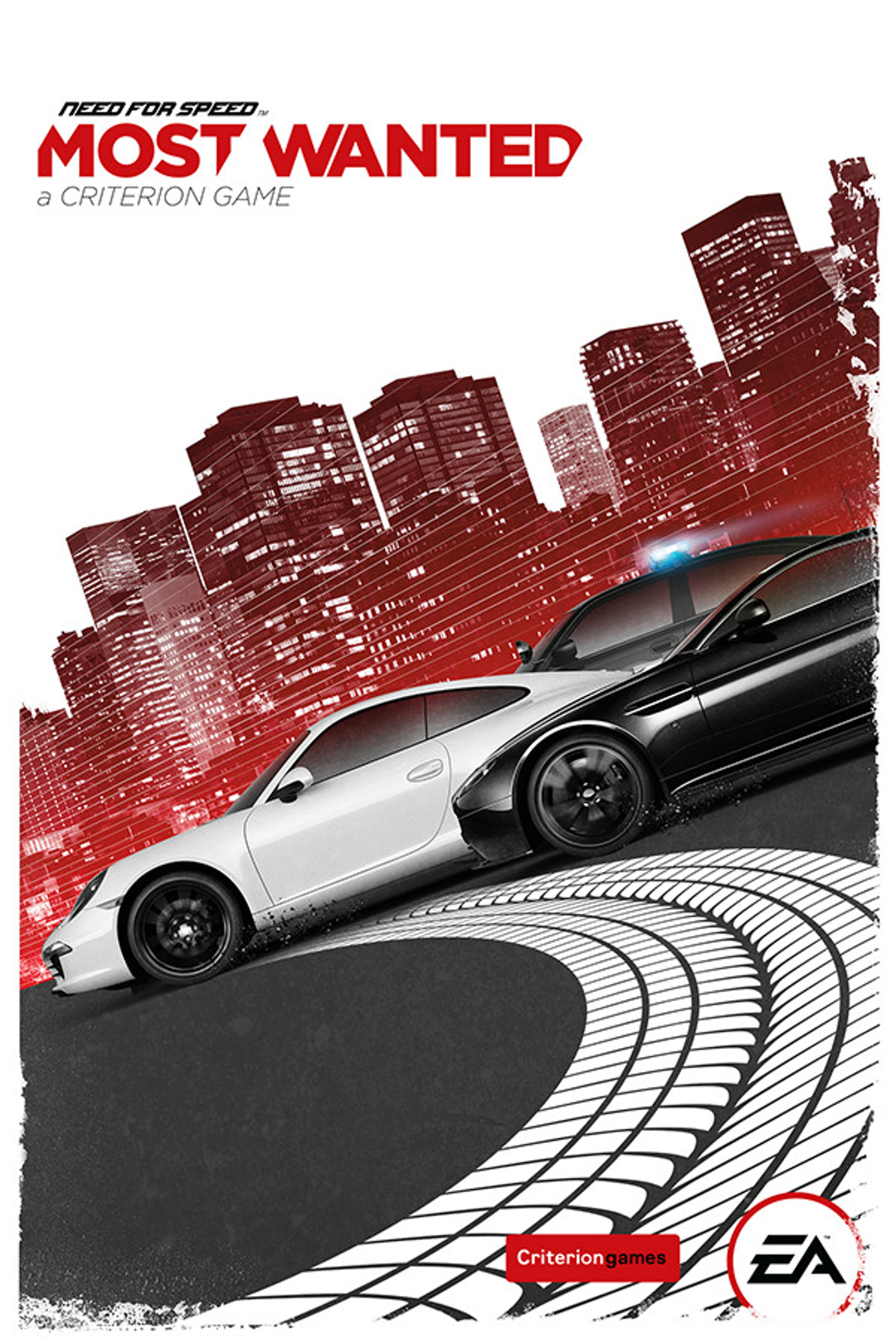 Official portrait cover of Criterion’s 2012 Need for Speed: Most Wanted with two cars, native title and EA mark.