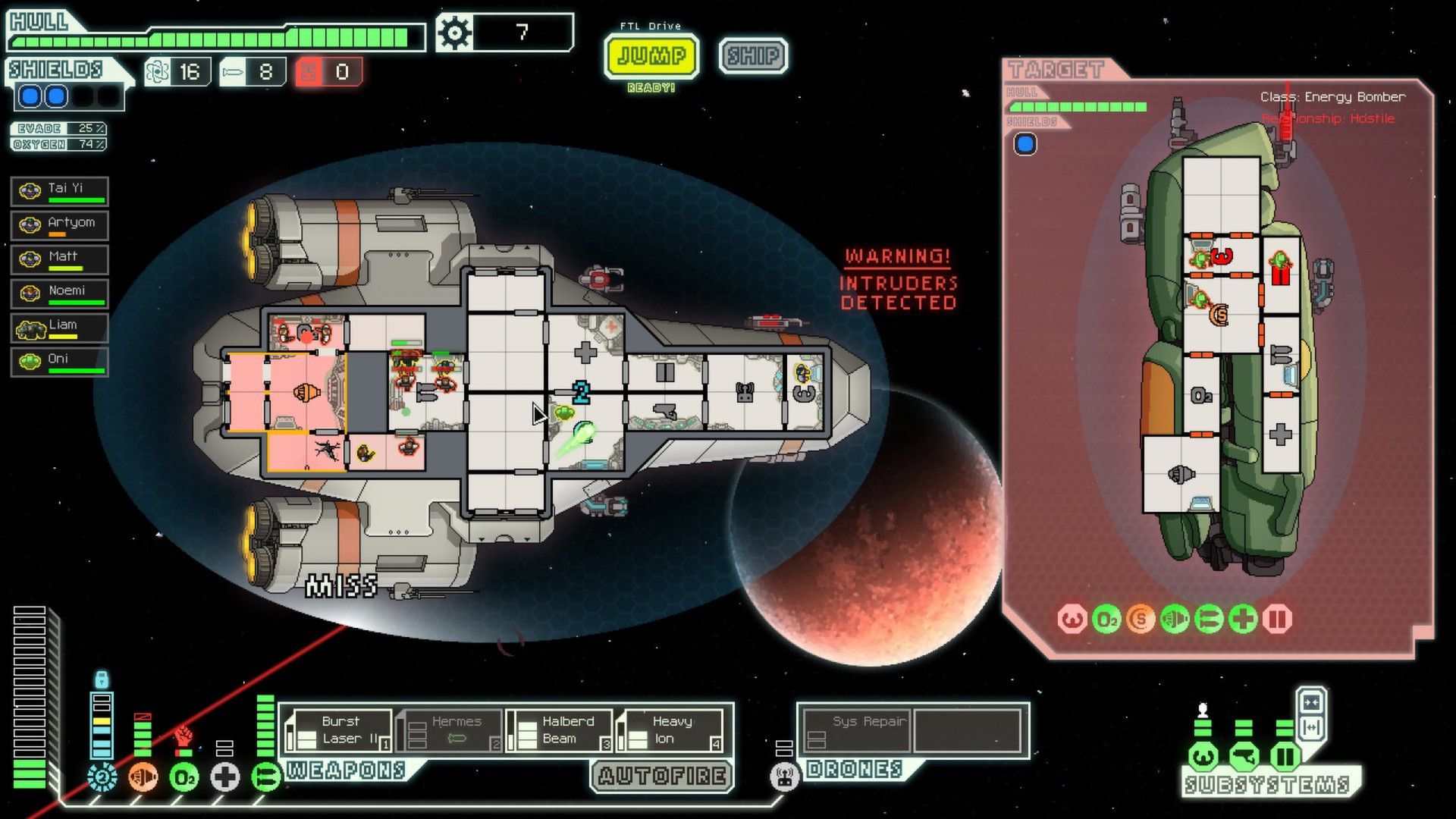FTL combat screen showing crew inside a ship, a hostile target and an Intruders Detected warning.