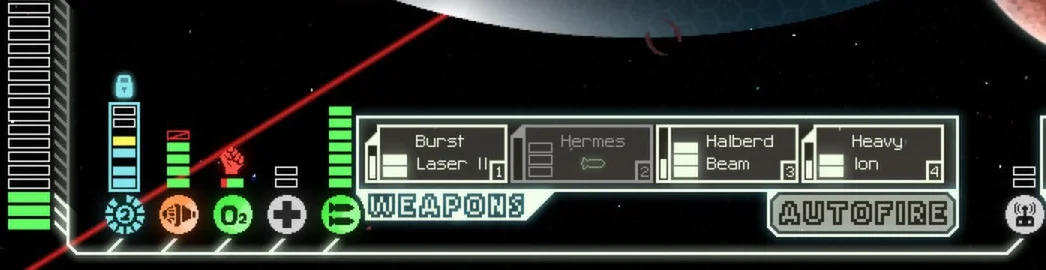 Close view of the FTL lower-left system power bars beside the WEAPONS slots.