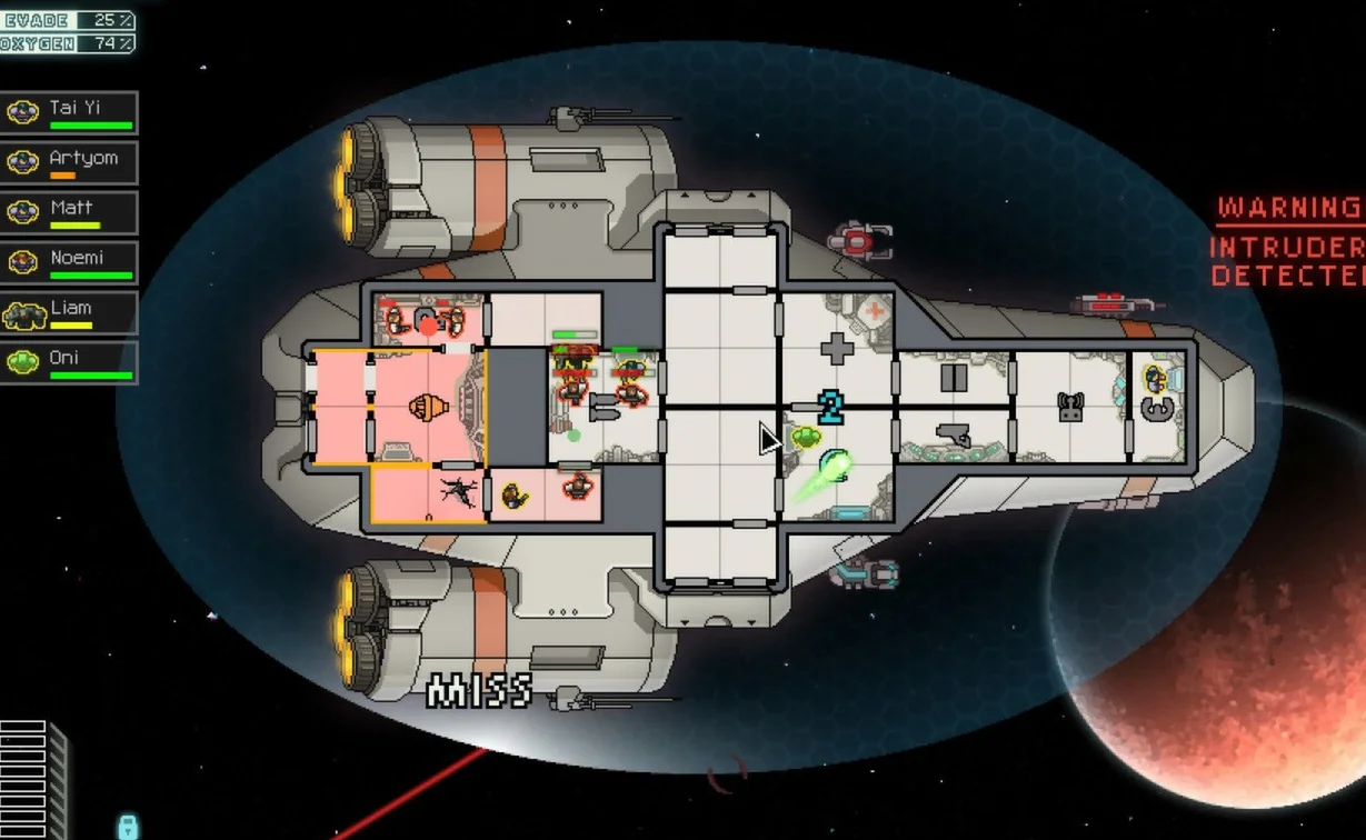 Closer crop of the player ship with boarders in rooms and crew portraits along the left edge.