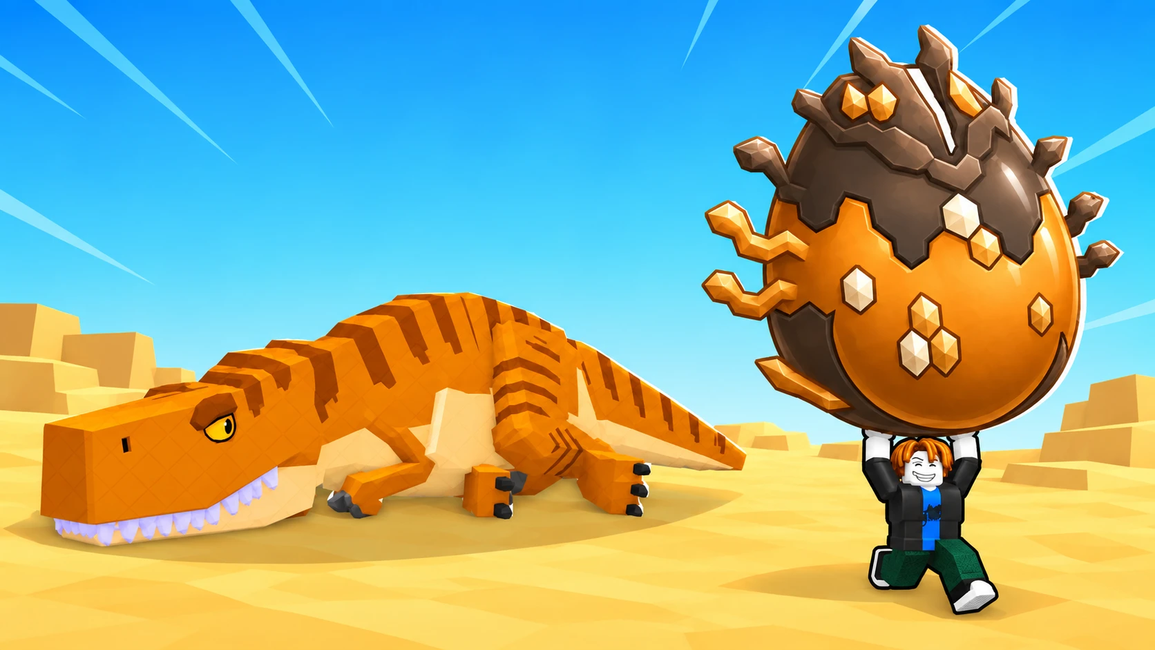 Editorial montage of a blocky tyrannosaur, a spiked egg and an egg thief, based on Steal An Egg artwork.
