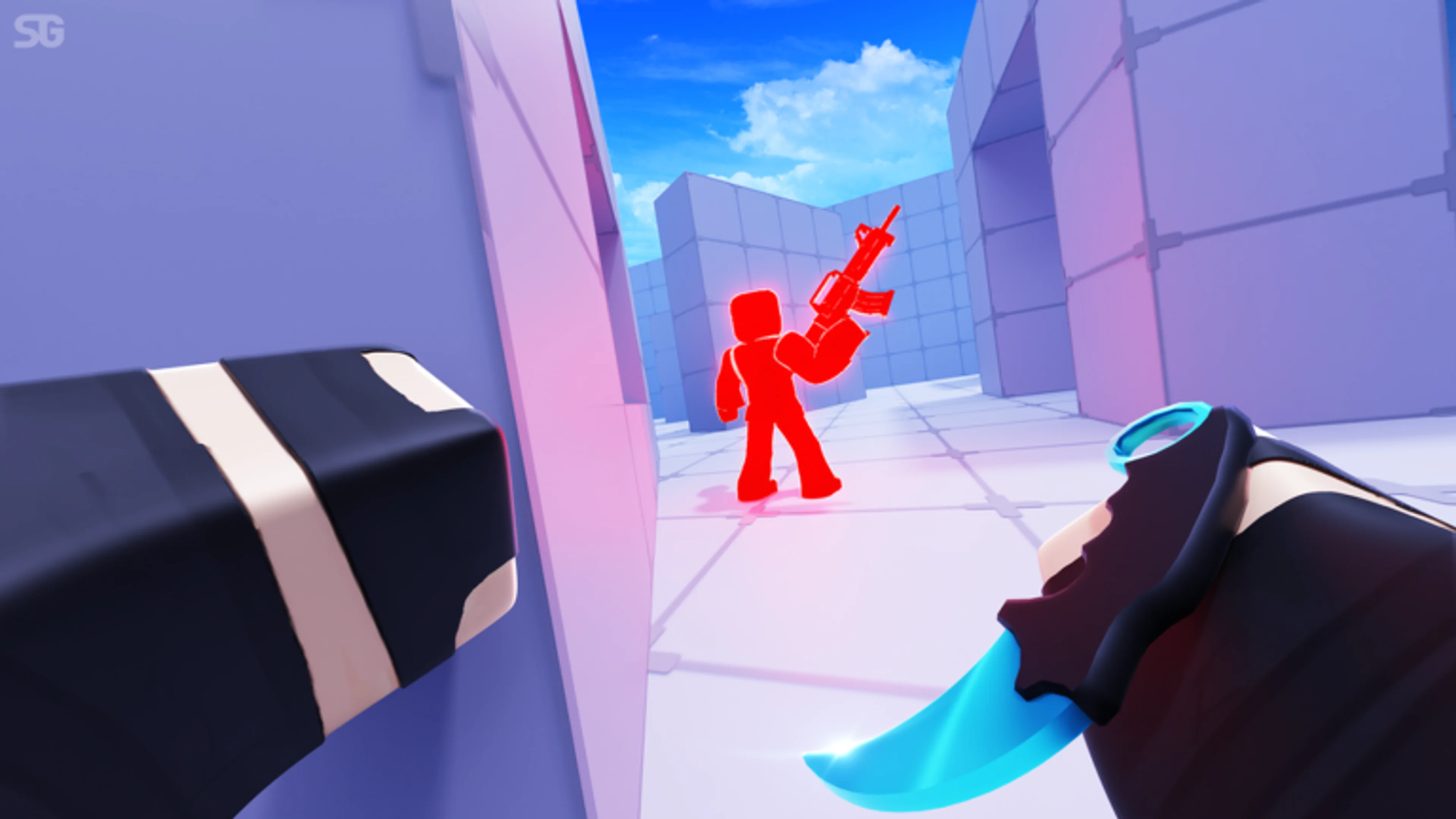 A Roblox RIVALS player holding a knife in first-person view
