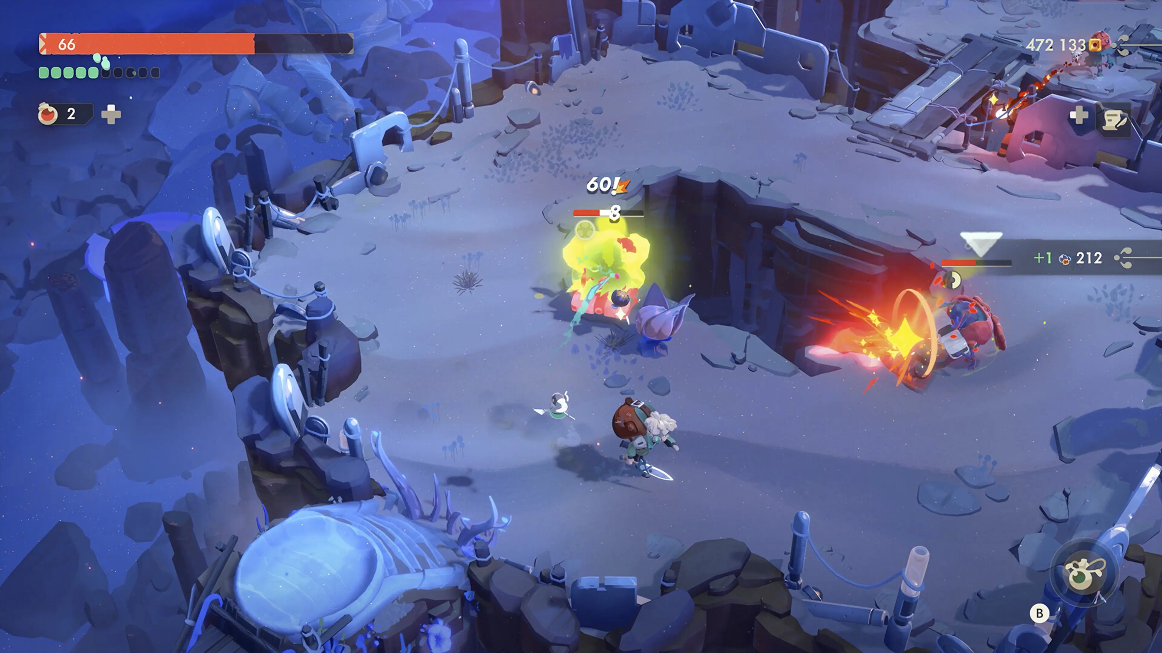 Will fights two enemies in a blue, ice-covered Moonlighter 2 dungeon arena.